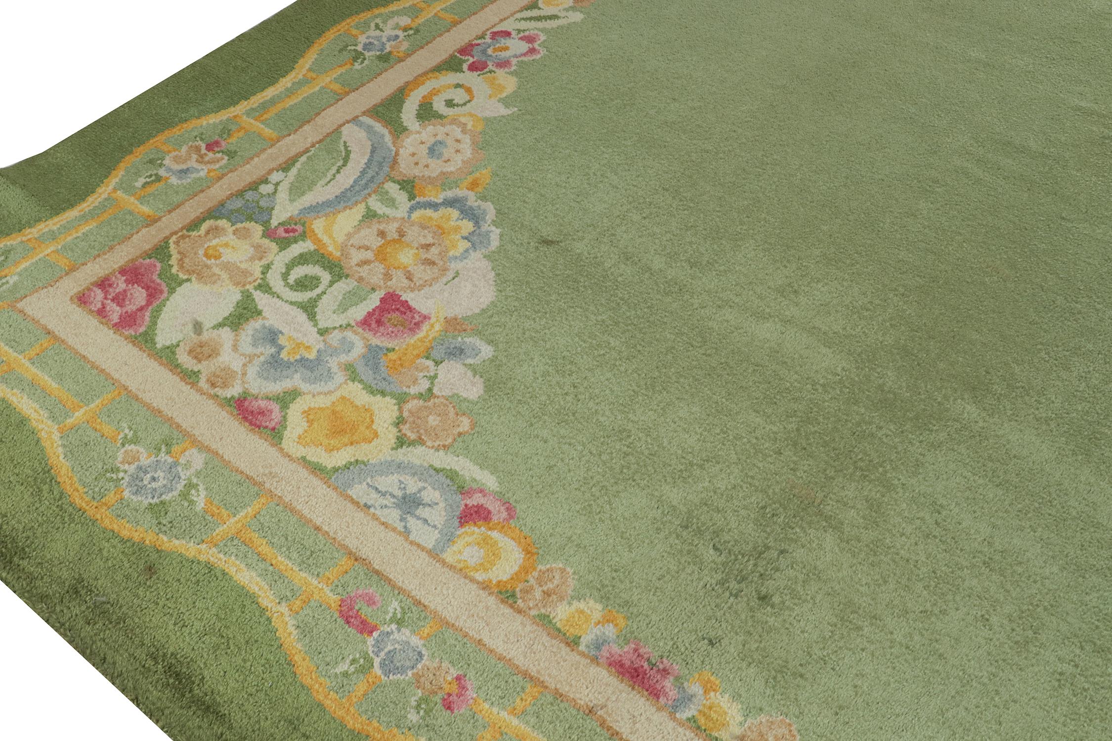 Hand-Knotted Antique French Art Deco Rug in Green with Pink and Gold Floral by Rug & Kilim For Sale