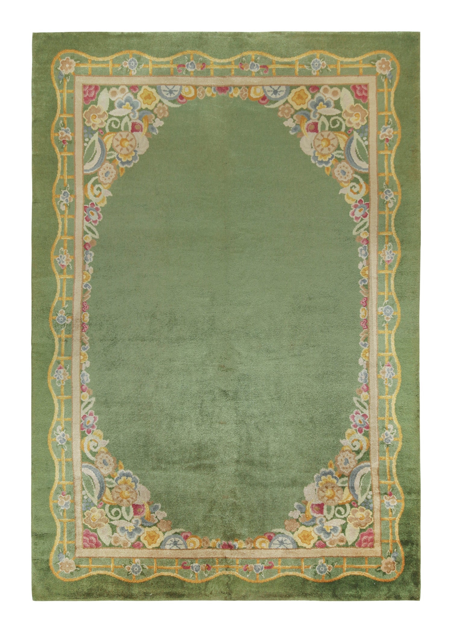 Antique French Art Deco Rug in Green with Pink and Gold Floral by Rug & Kilim For Sale