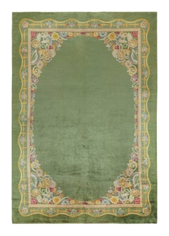 Antique French Art Deco Rug in Green with Pink and Gold Floral by Rug & Kilim