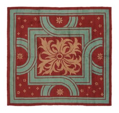 Antique French Art Deco Rug in Red and Blue with Floral Medallion- Rug & Kilim