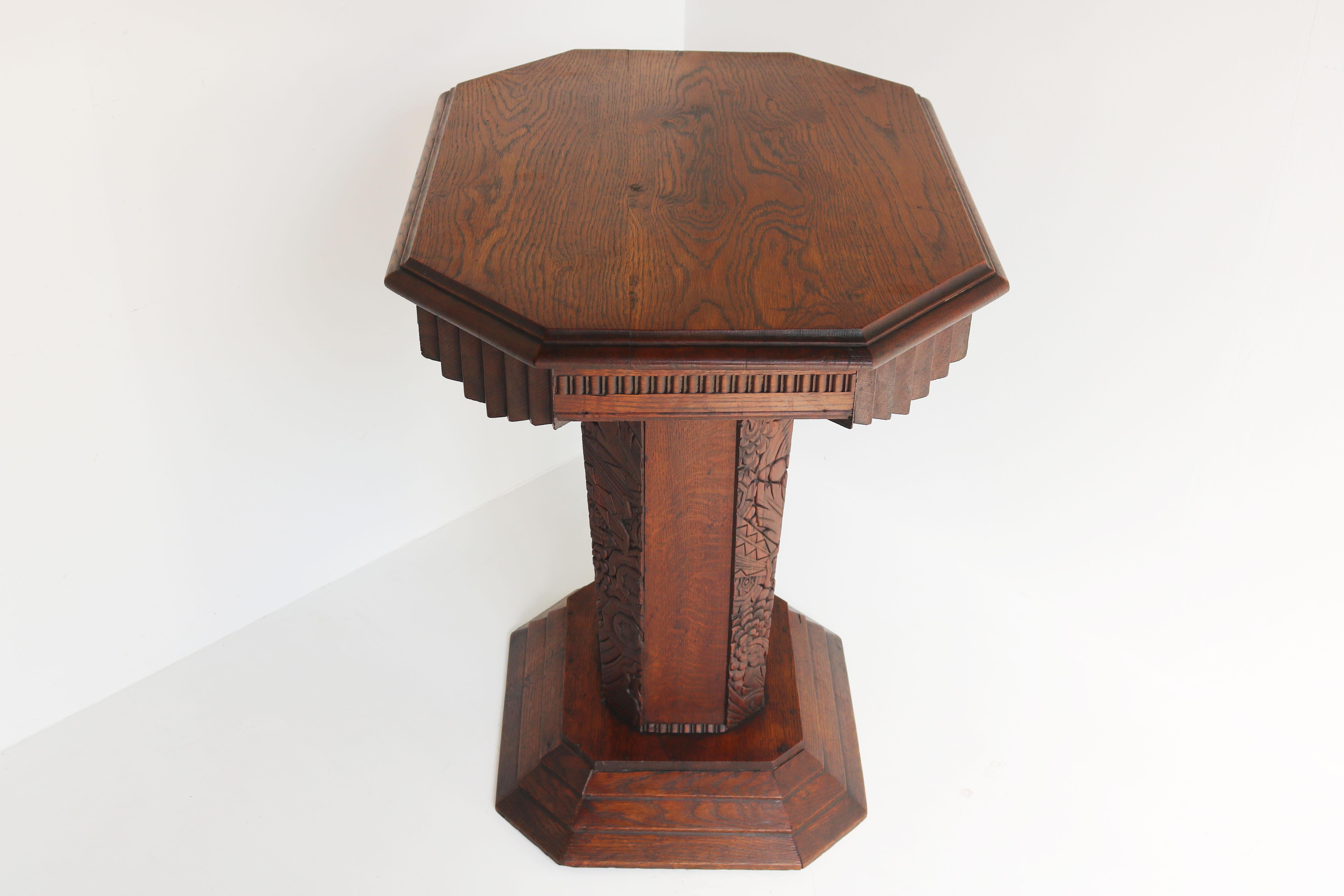 Antique French Art Deco Side Table 1920 Coffee Table Solid Oak Carved Geometric 4