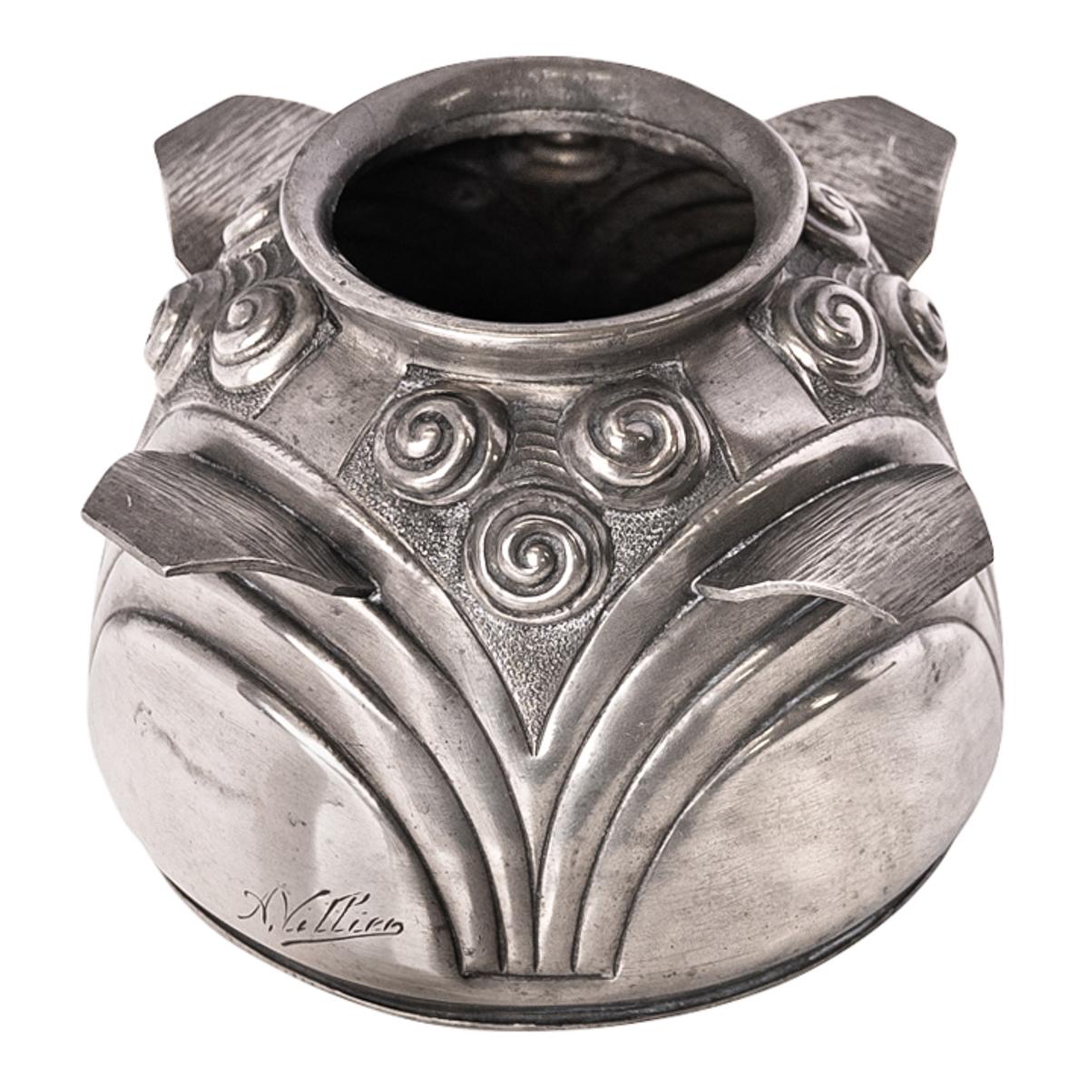 A very stylish antique Art Deco silver plate vase by the French sculptor and designer Andre Villien, circa 1920.
Andre Villien was born in the late 19th century and was active in Paris between 1905 and 1924, he was a sculptor and designer of Art