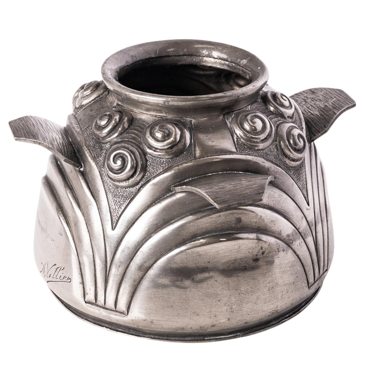 Antique French Art Deco Silver Plated Engraved Vase Signed Andre Villien 1920 In Good Condition In Portland, OR