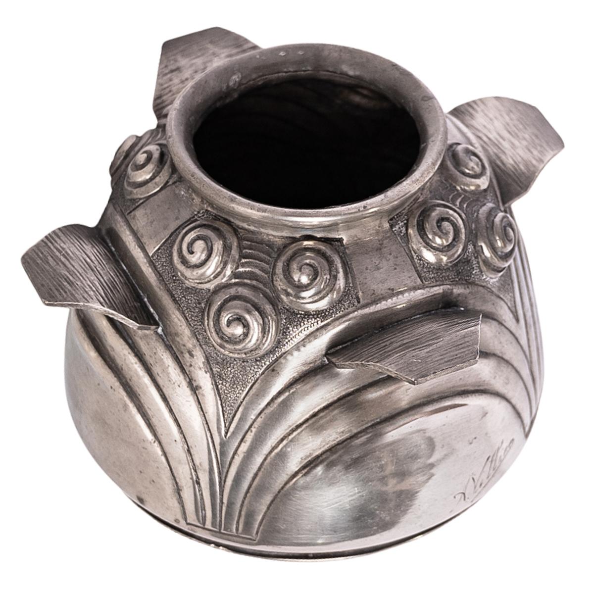 Early 20th Century Antique French Art Deco Silver Plated Engraved Vase Signed Andre Villien 1920