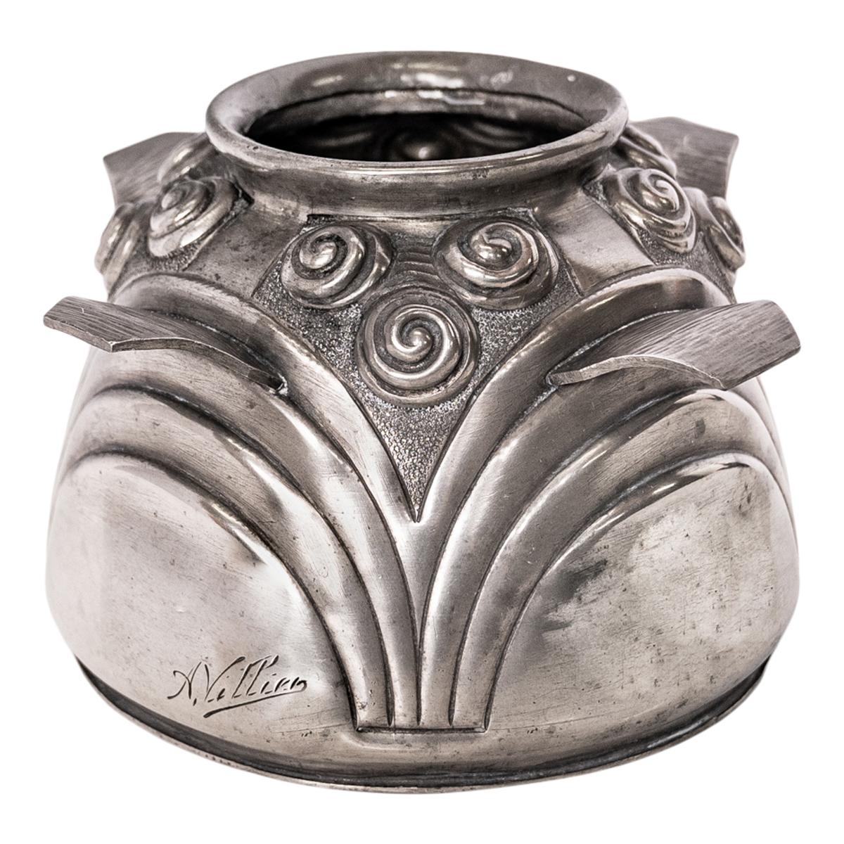 Antique French Art Deco Silver Plated Engraved Vase Signed Andre Villien 1920 2