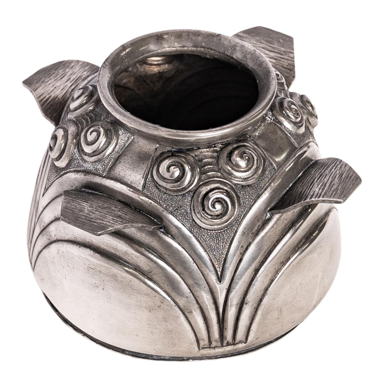 Antique French Art Deco Silver Plated Engraved Vase Signed Andre Villien 1920 3