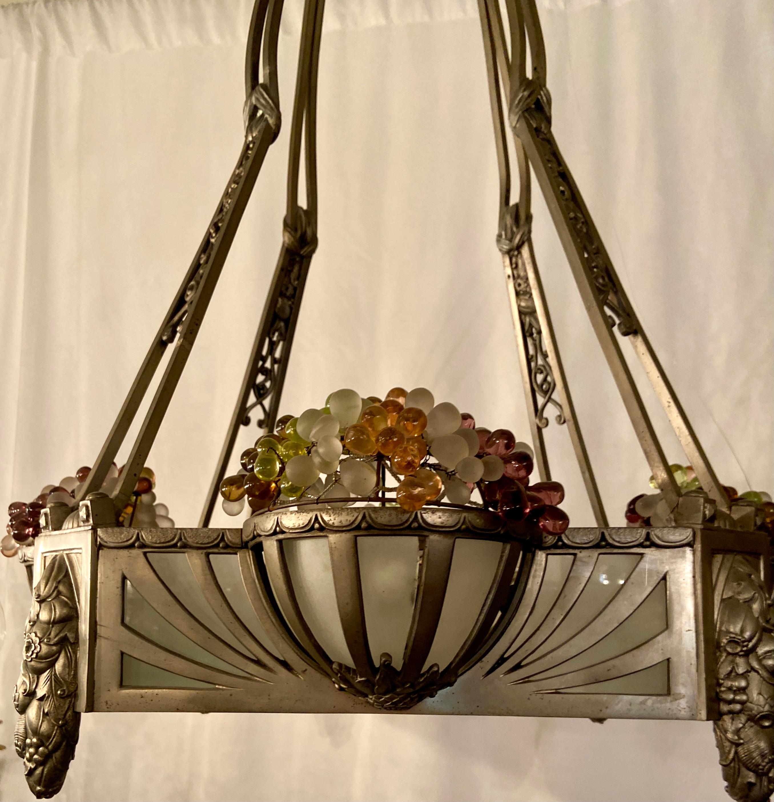 Antique French Art Deco silvered bronze & frosted glass chandelier with grape clusters, Circa 1920.