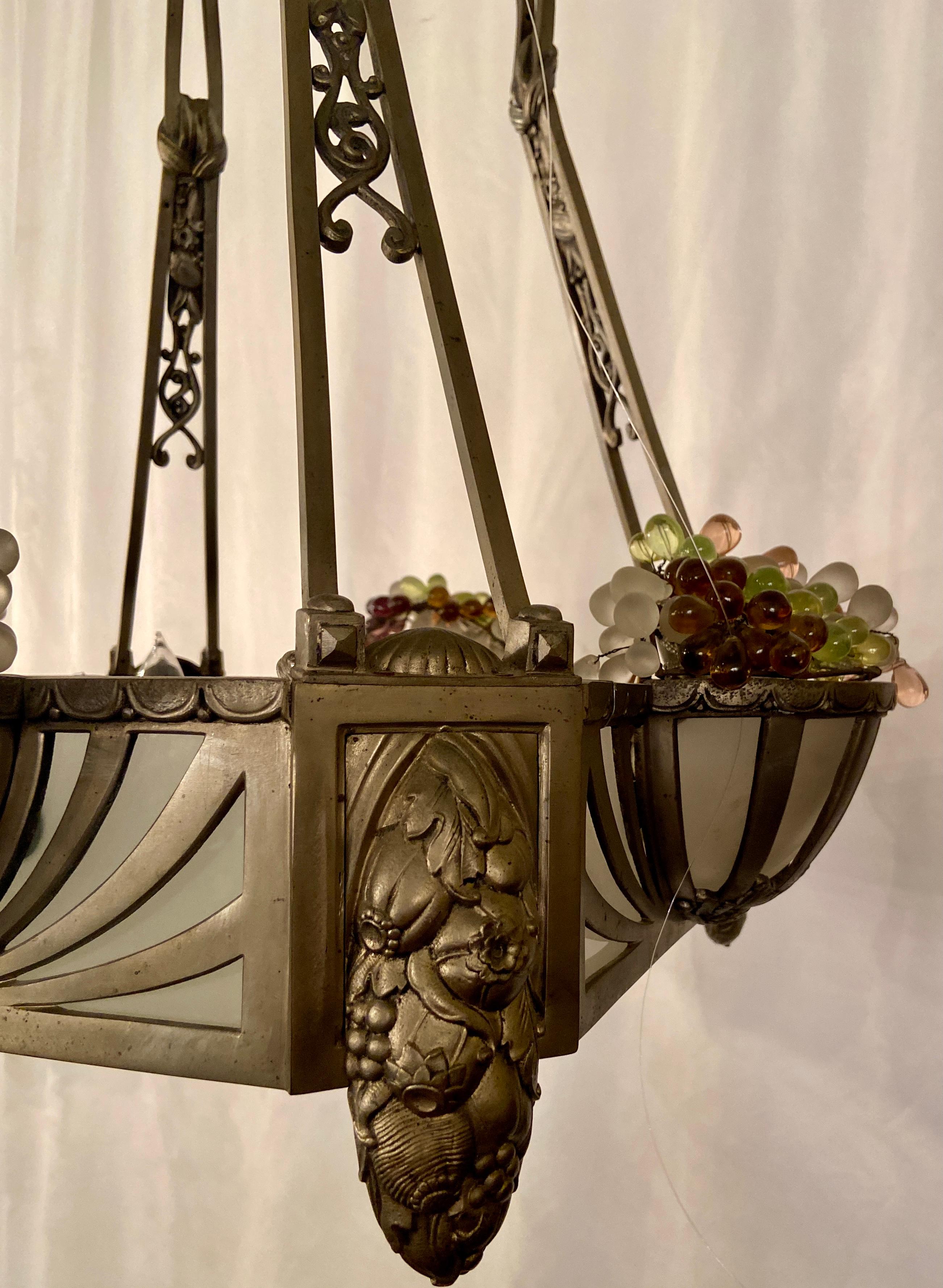 20th Century Antique French Art Deco Silvered Bronze & Glass Chandelier with Grapes, Ca. 1920 For Sale
