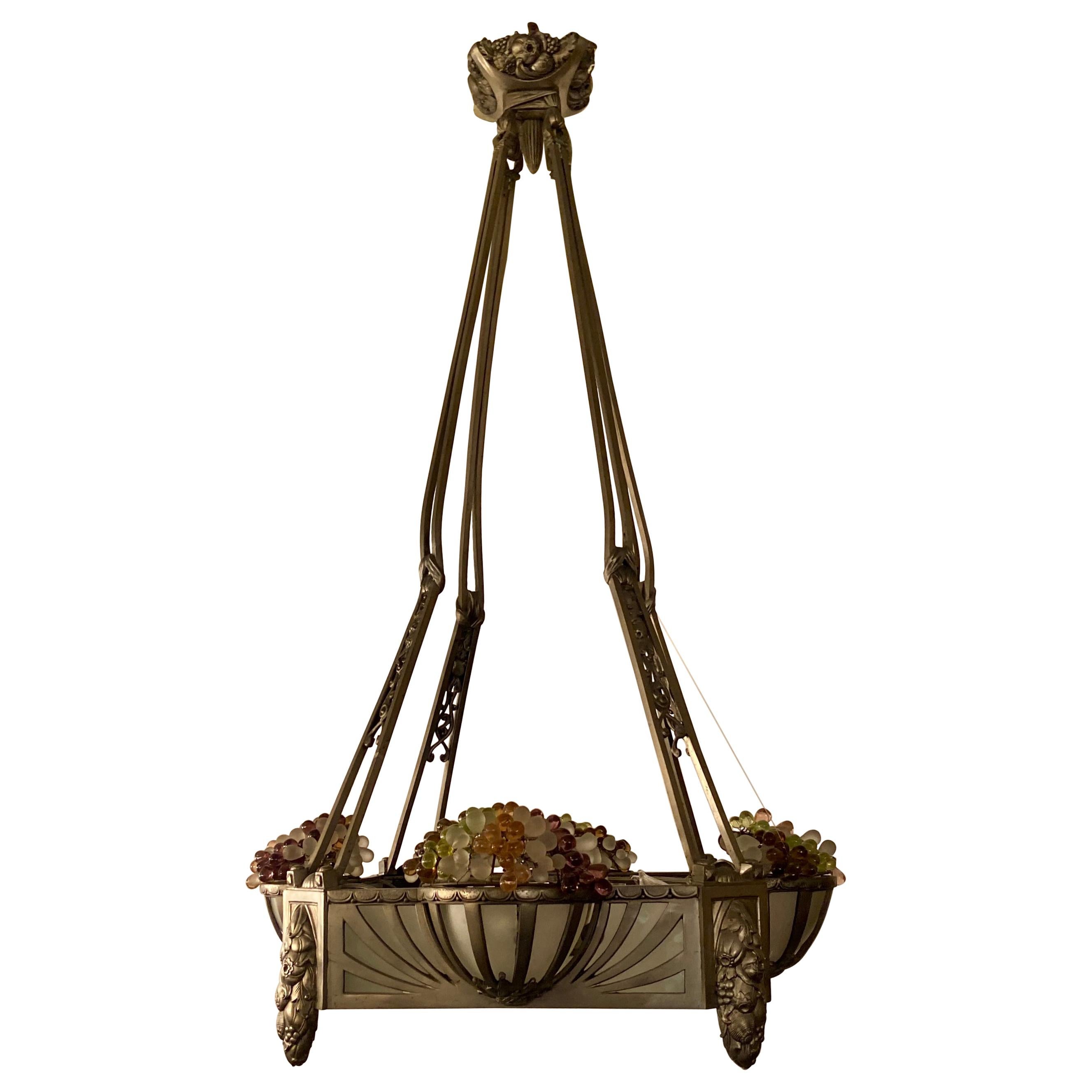 Antique French Art Deco Silvered Bronze & Glass Chandelier with Grapes, Ca. 1920 For Sale