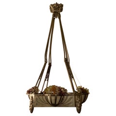 Antique French Art Deco Silvered Bronze & Glass Chandelier with Grapes, Ca. 1920