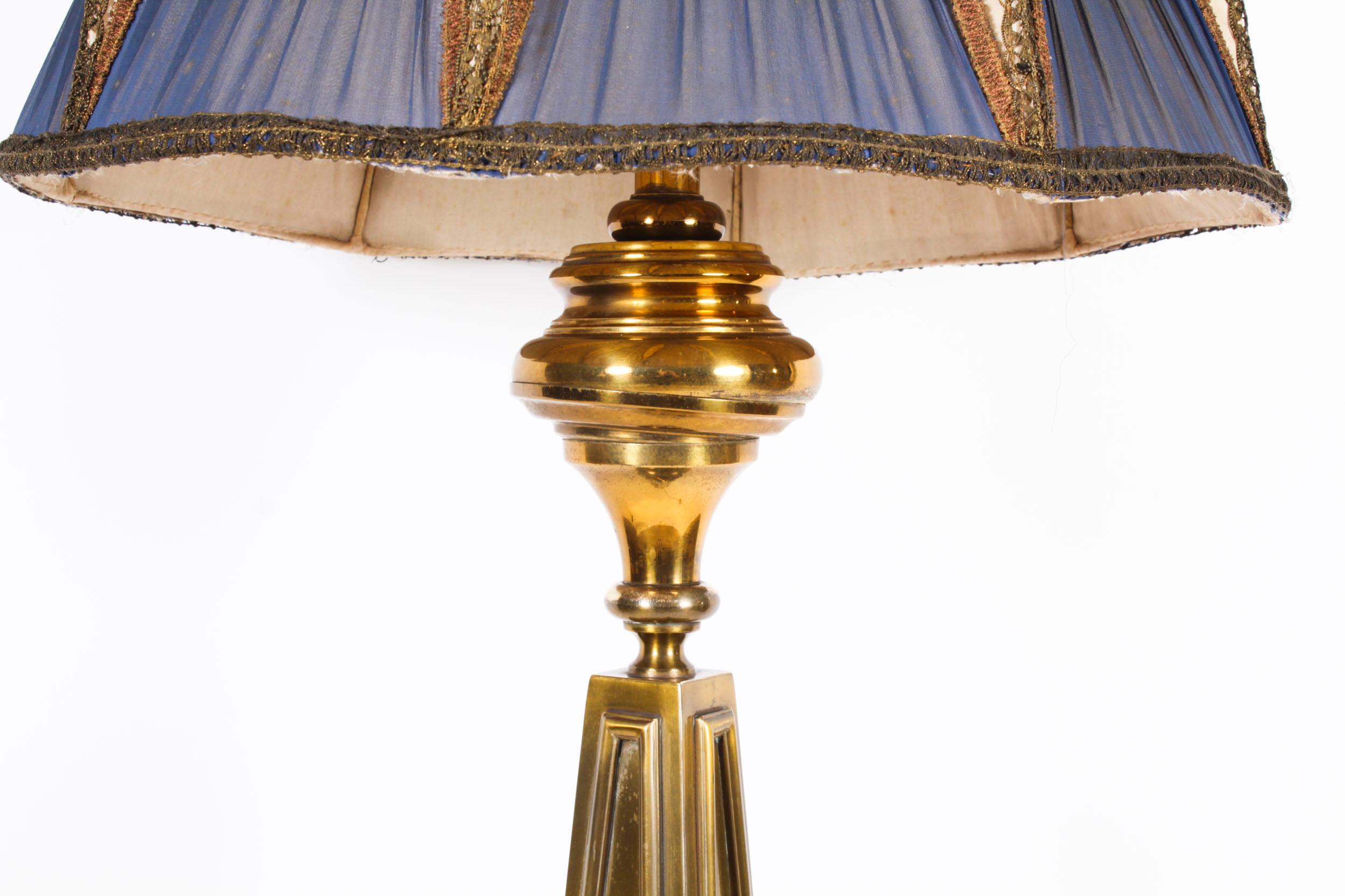 Brass Antique French Art Deco Standard Lamp with Shade Circa 1920 For Sale