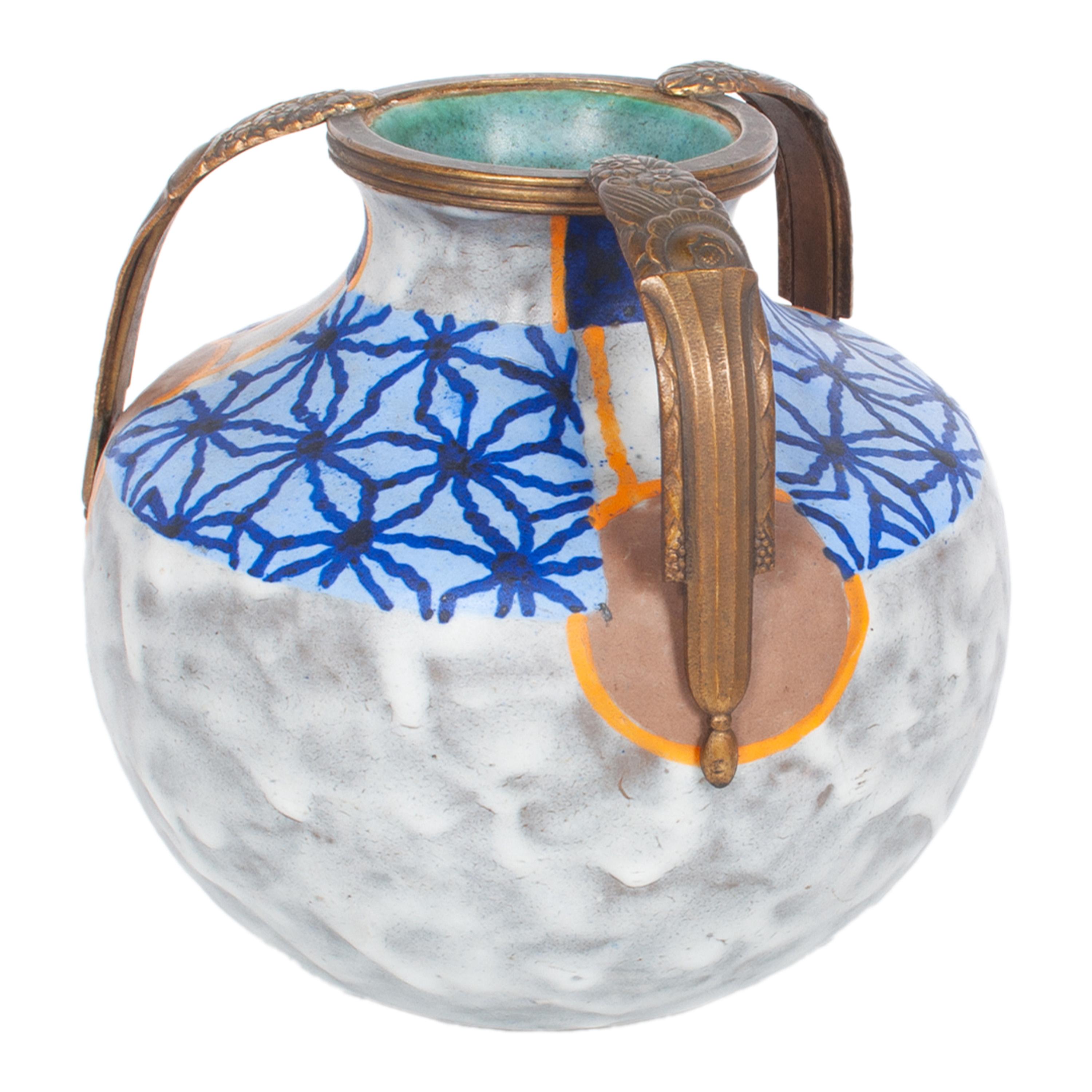 A very elegant antique Art Deco stoneware pottery vase with gilt bronze mounts by French sculptor and designer Andre Villien, circa 1925. 
The globular stoneware glazed pottery vase having applied bronze mounts, with a circular cuff mount to the