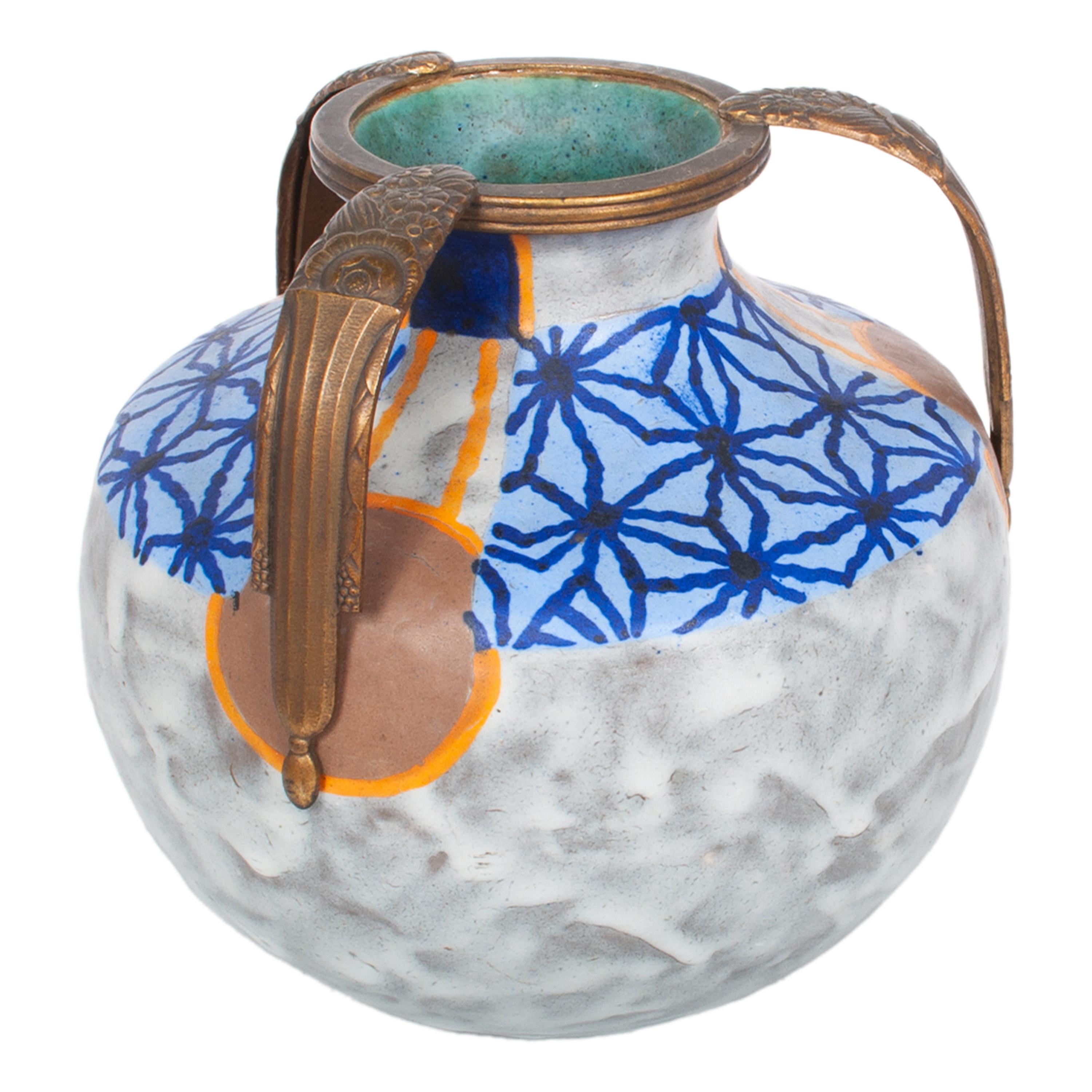 Antique French Art Deco Stoneware Pottery & Gilt Bronze Vase André Villien 1925 In Good Condition In Portland, OR