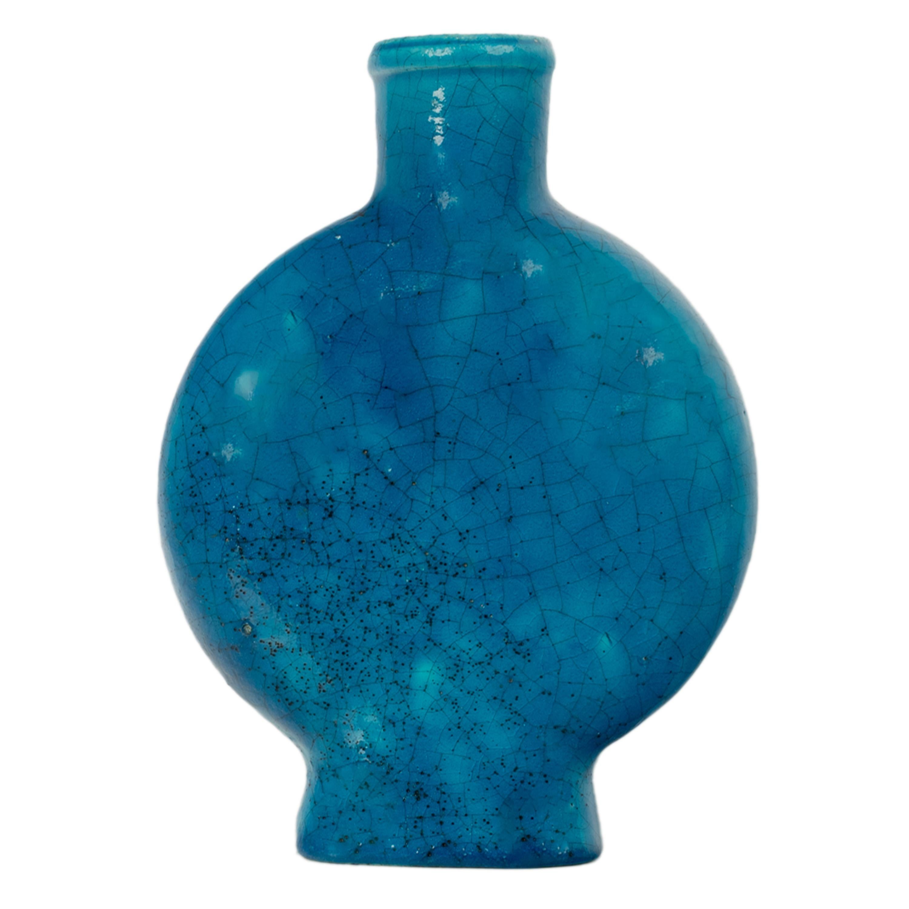 Ancien vase de poterie Art déco français bleu turquoise signé Edmond Lachenal, 1930 en vente 3