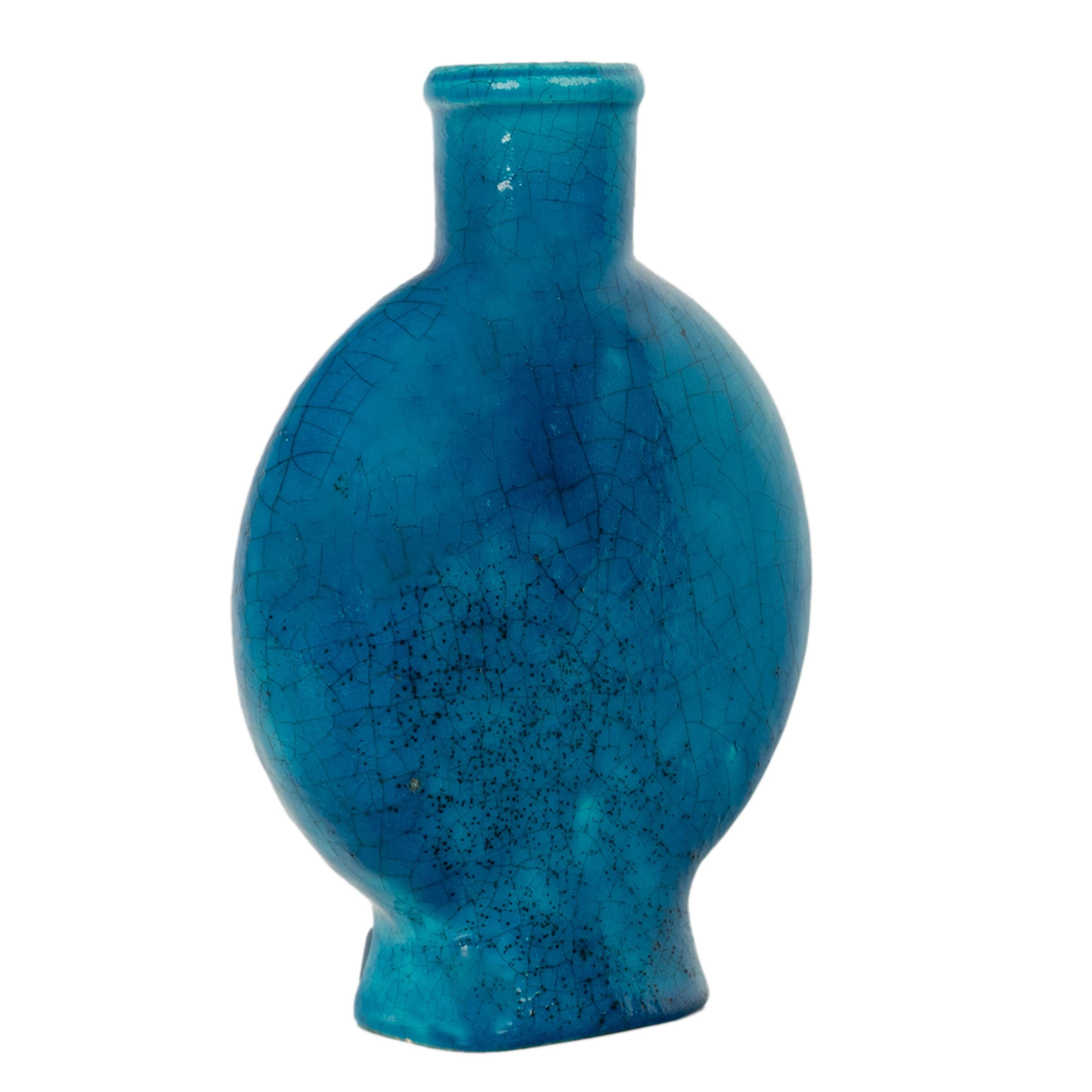 Glazed Antique French Art Deco Turquoise Blue Pottery Vase Edmond Lachenal Signed 1930 For Sale