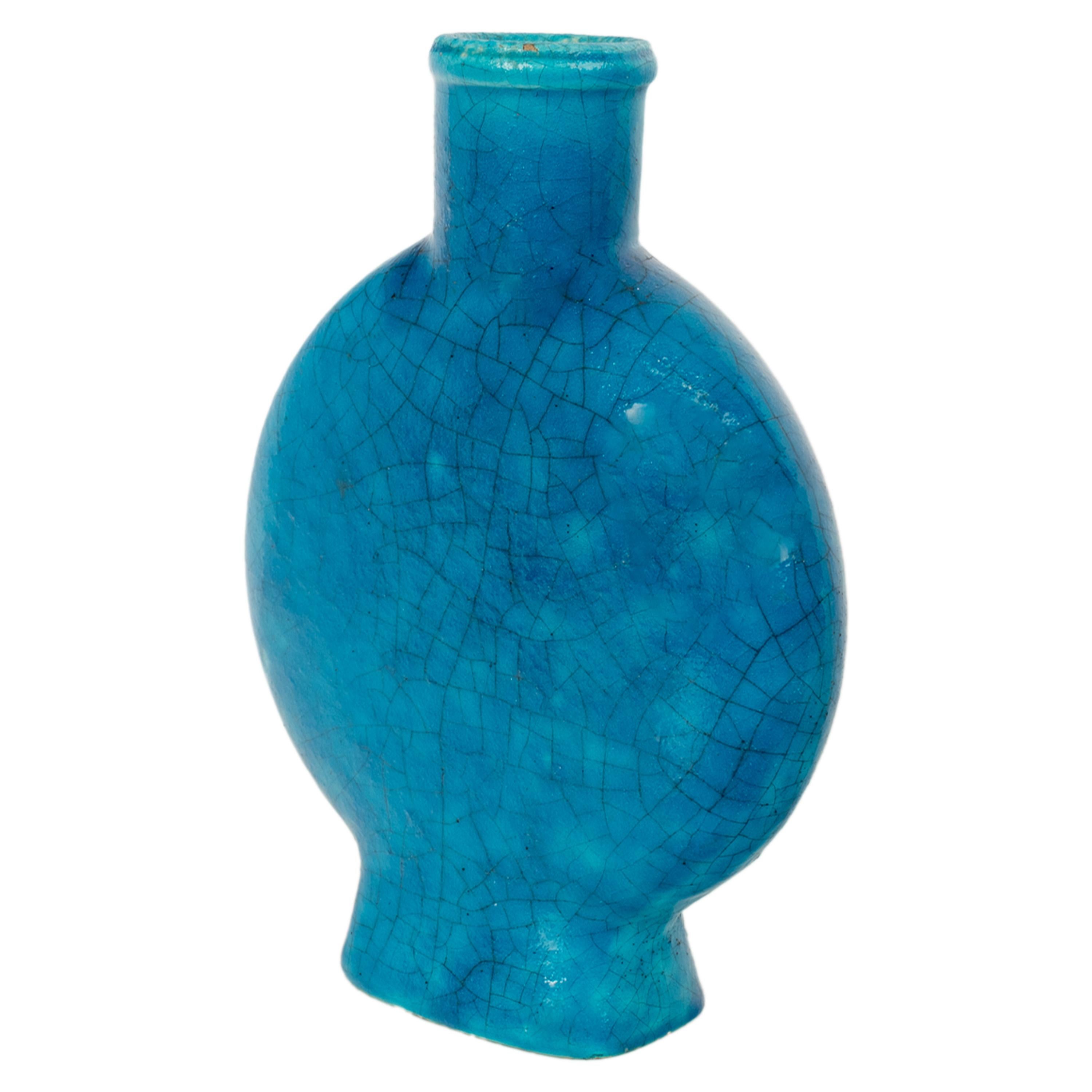 Antique French Art Deco Jarrón de cerámica azul turquesa Edmond Lachenal Firmado 1930 Glaseado en venta