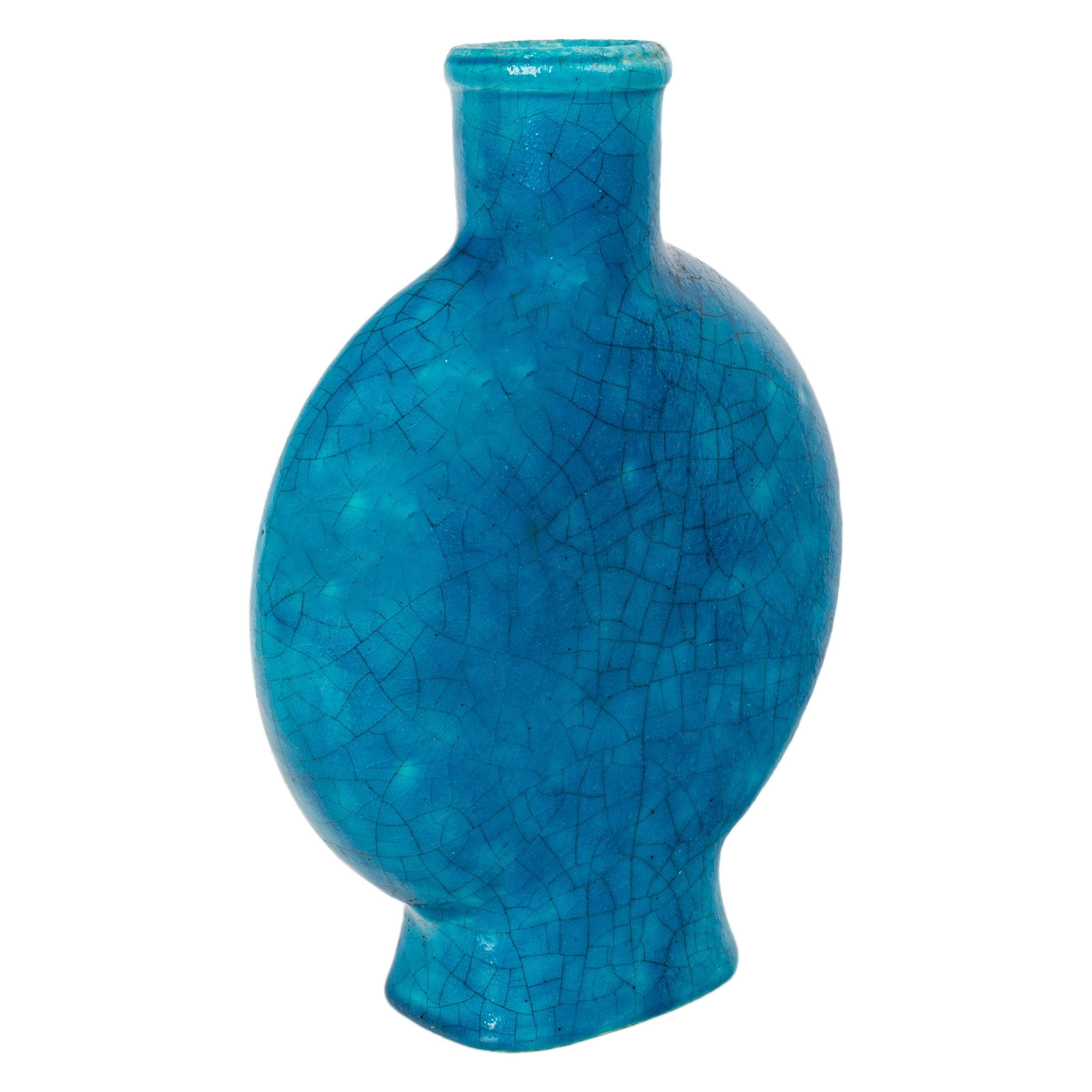 Poteries Ancien vase de poterie Art déco français bleu turquoise signé Edmond Lachenal, 1930 en vente