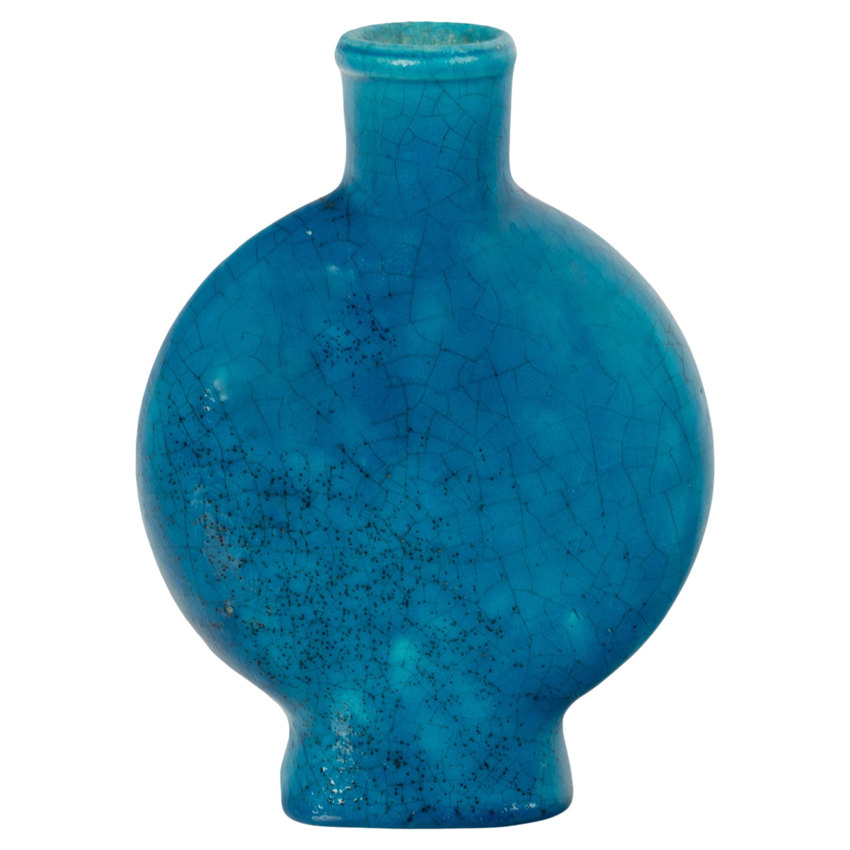 Ancien vase de poterie Art déco français bleu turquoise signé Edmond Lachenal, 1930