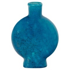 Ancien vase de poterie Art déco français bleu turquoise signé Edmond Lachenal, 1930