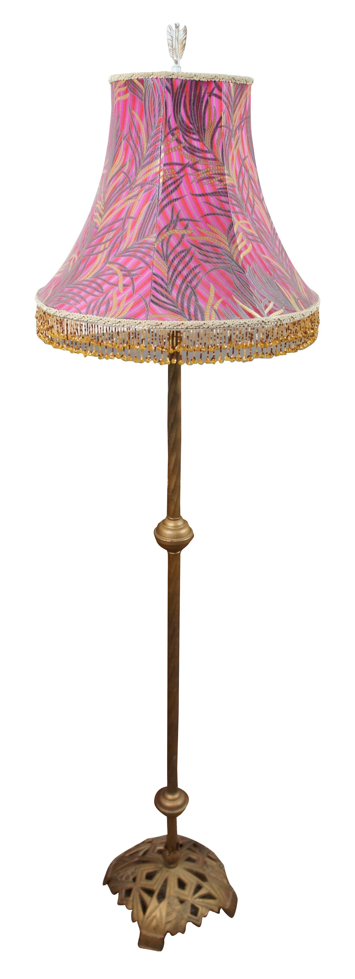 Antique Art Deco cast iron floor lamp with pink beaded jeweled fringe by Szoke Lamp Shades. Measures: 52
