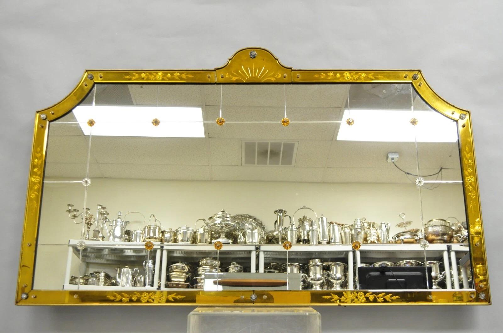 Antique French Art Deco Venetian Amber Glass Large Etched Wall Mirror For Sale 6