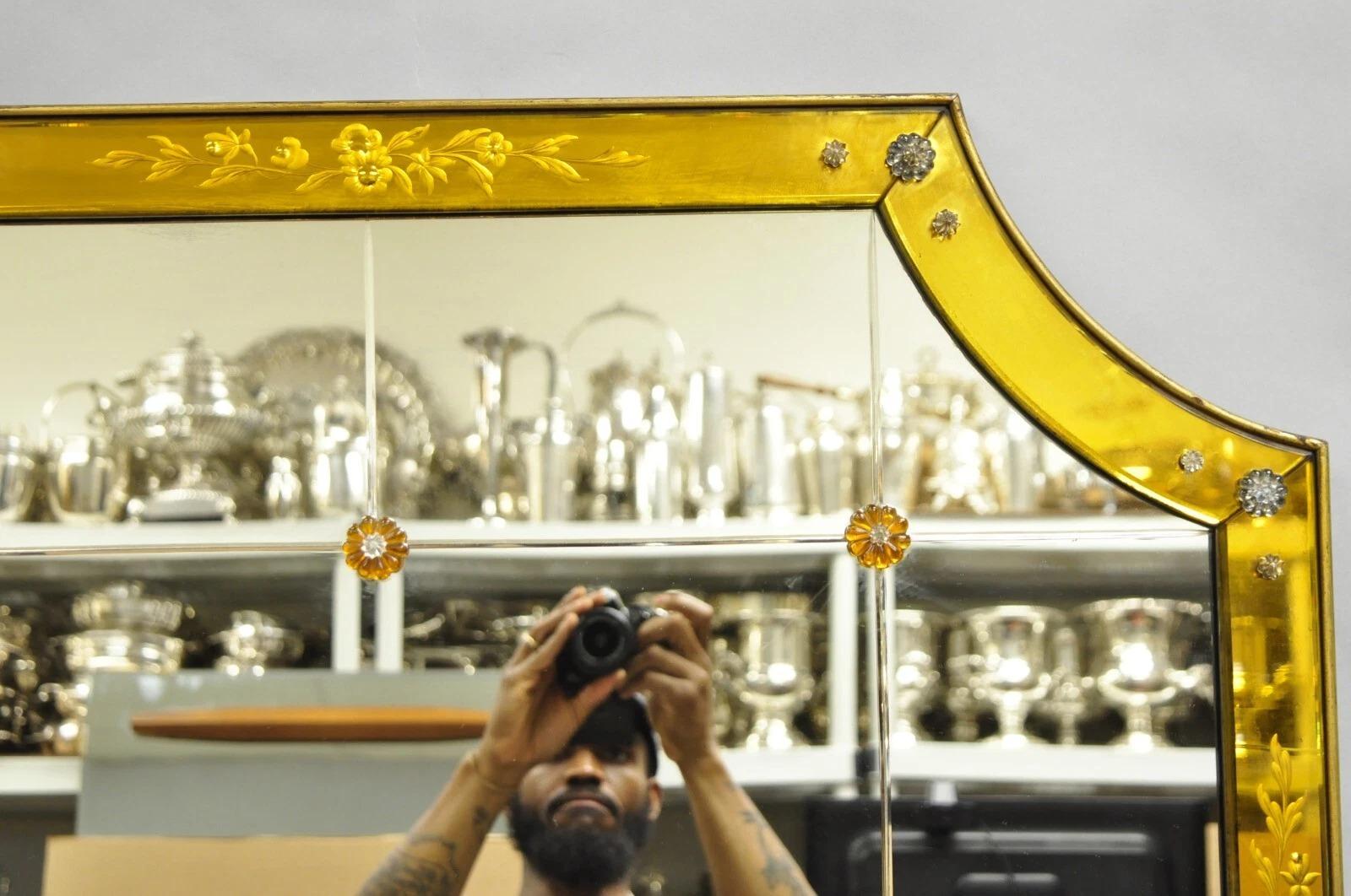 Other Antique French Art Deco Venetian Amber Glass Large Etched Wall Mirror For Sale