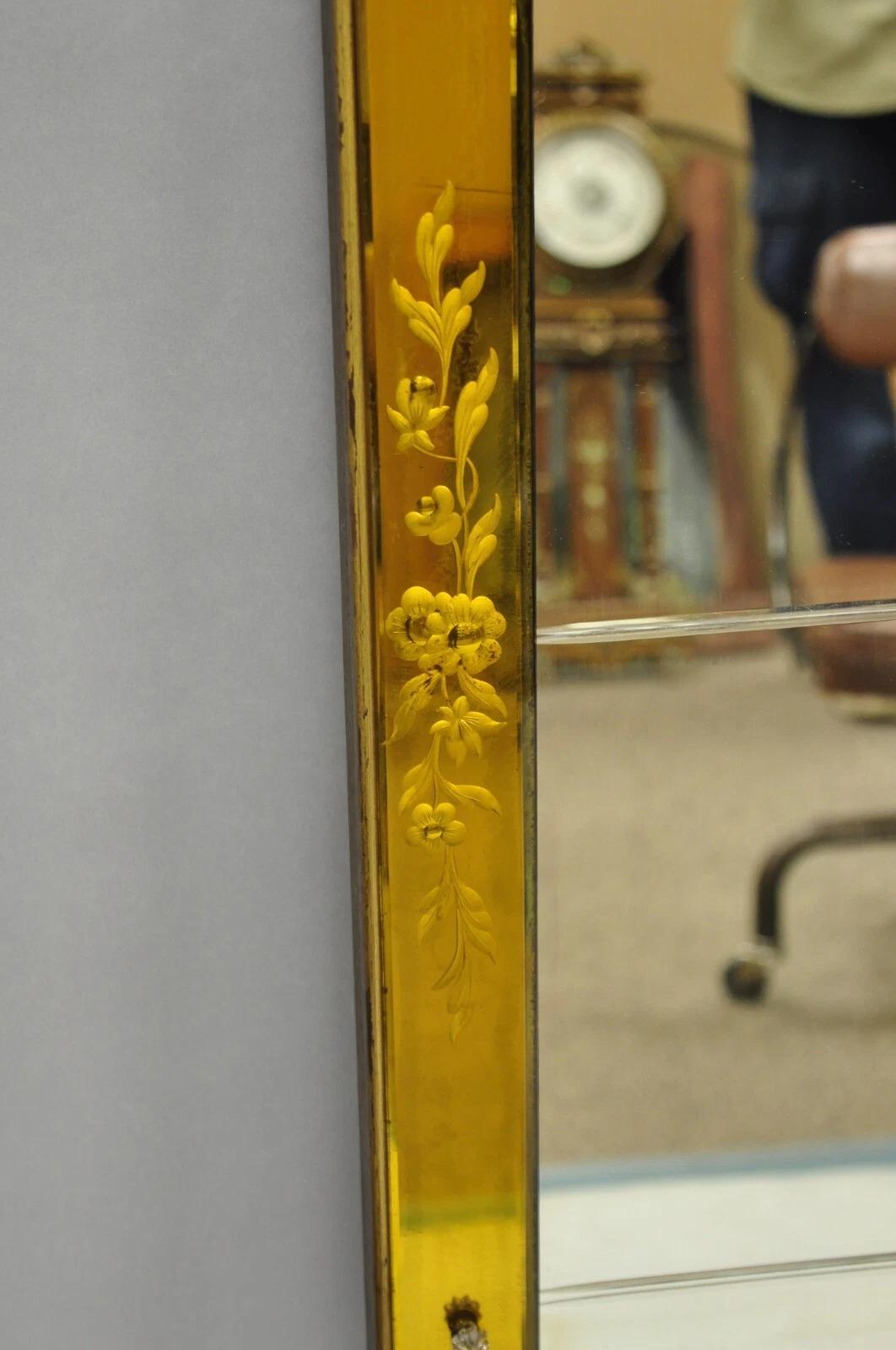 Antique French Art Deco Venetian Amber Glass Large Etched Wall Mirror In Good Condition For Sale In Philadelphia, PA
