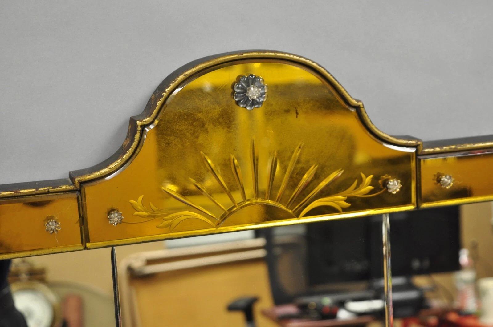 20th Century Antique French Art Deco Venetian Amber Glass Large Etched Wall Mirror For Sale
