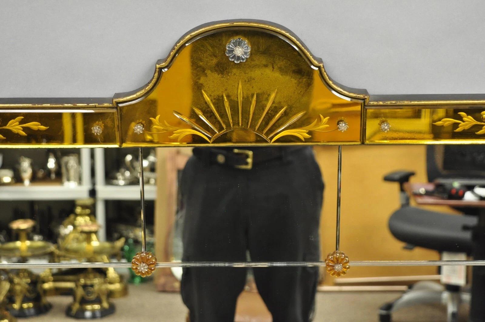 Antique French Art Deco Venetian Amber Glass Large Etched Wall Mirror For Sale 1
