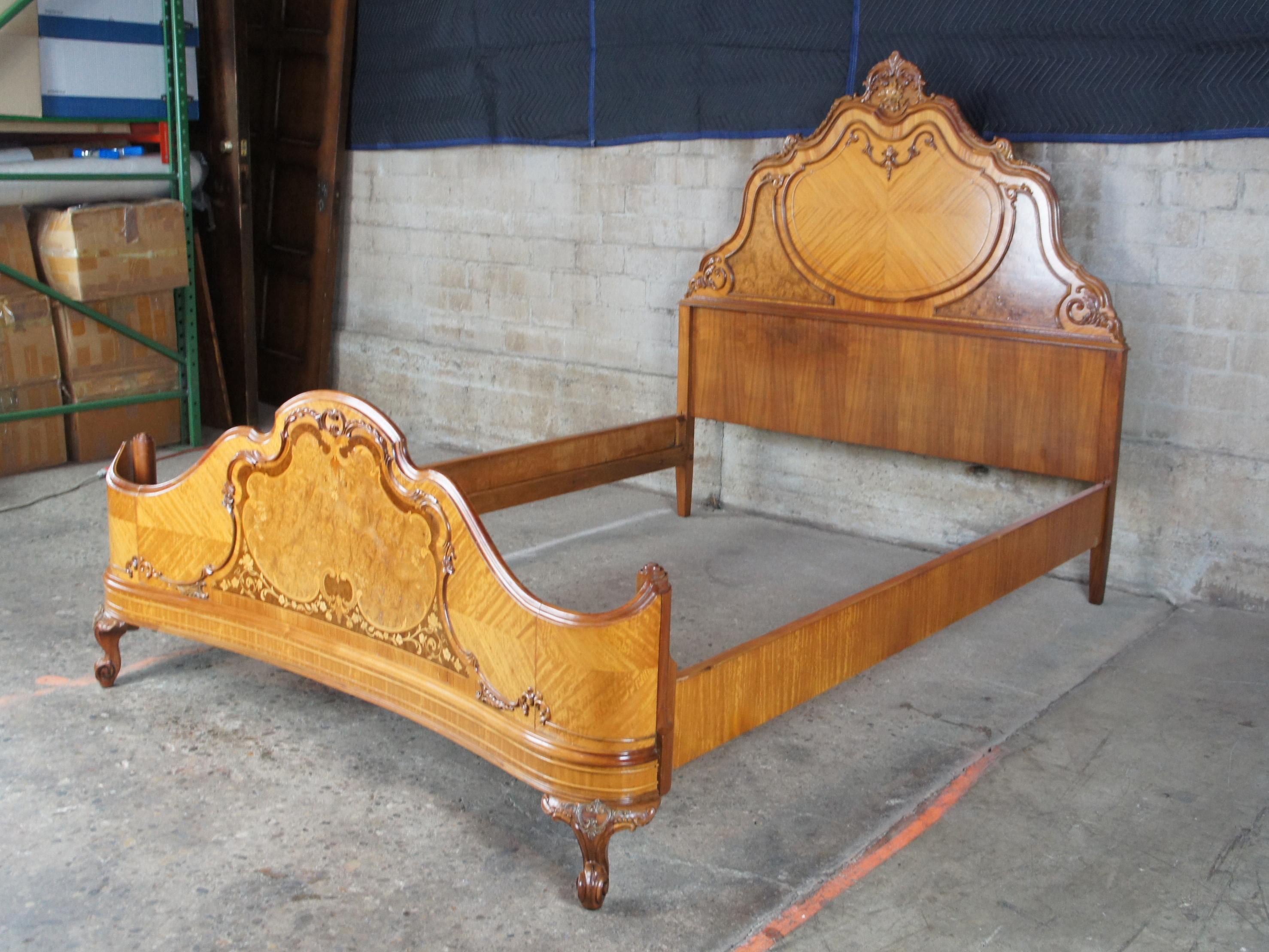 Antique French Art Deco Walnut Burled Full Size Bed Curved Ornate Wrap Around 2