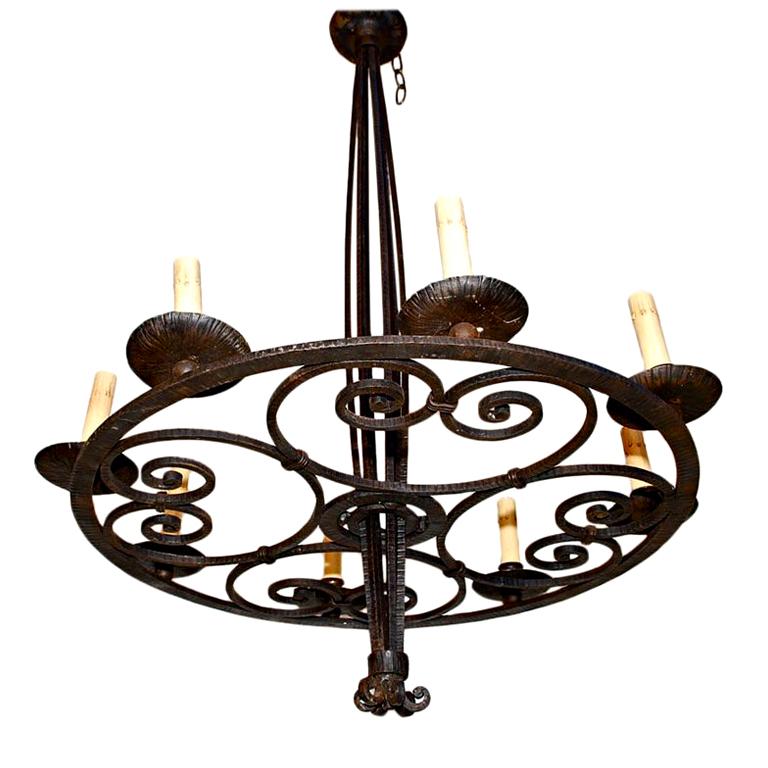 antique French Art Deco wrought iron chandelier For Sale