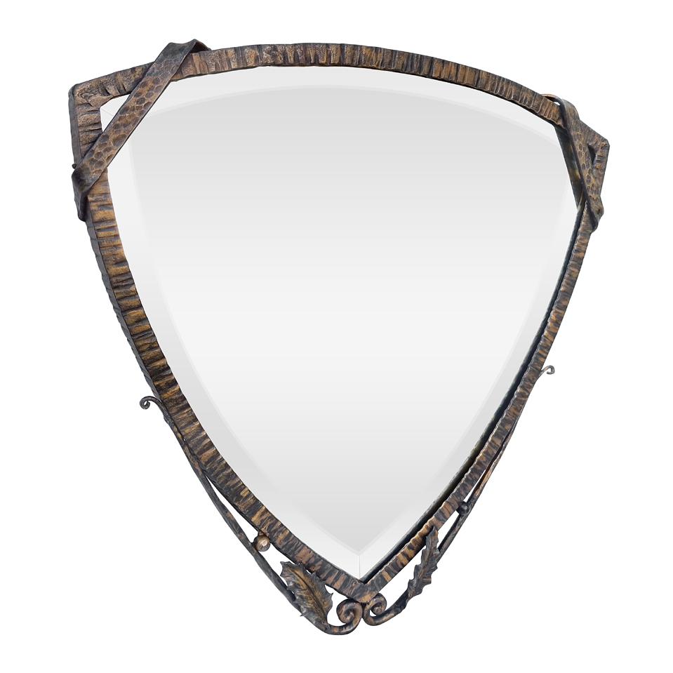 Antique French mirror wrought iron patinated of triangular shape, Art Deco period, circa 1930. Forged metal frame orned with stylised ribbons and holly leaves. Antique original beveled glass mirror. Antique wood back.
