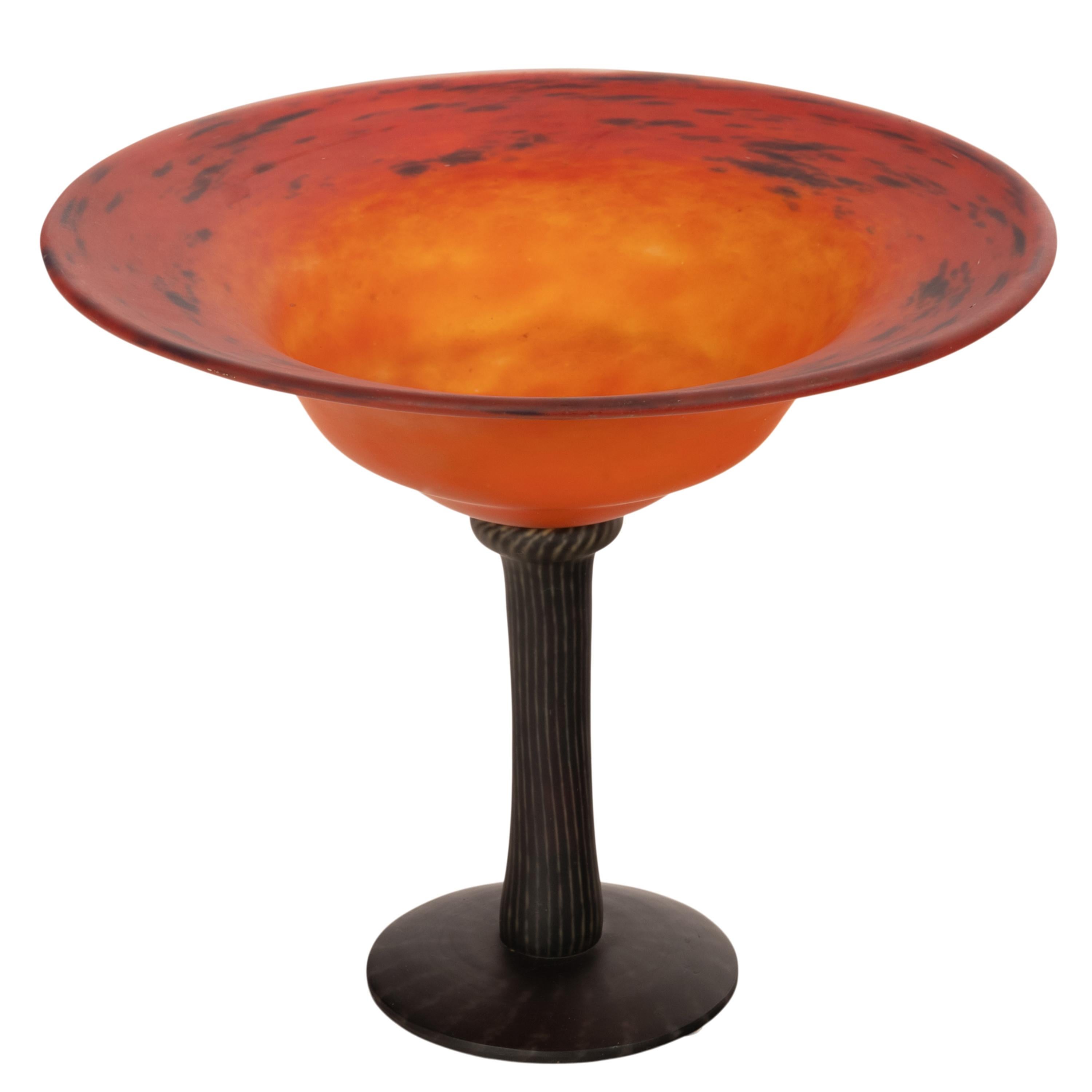 Antique French Art Glass Art Deco Schneider Orange Glass Coupe Bowl 1920 in vendita 4