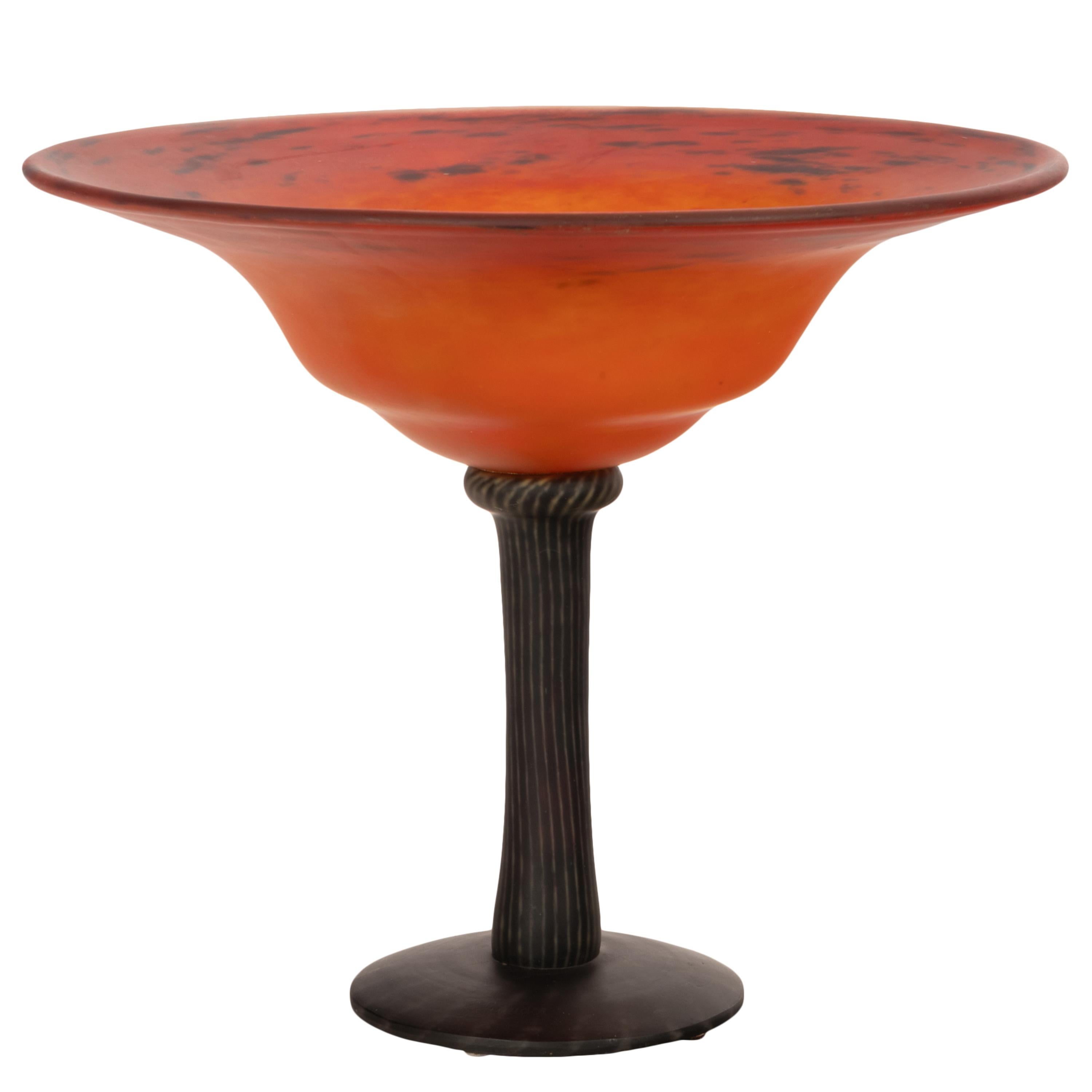 Antique French Art Glass Art Deco Schneider Orange Glass Coupe Bowl 1920 in vendita 5
