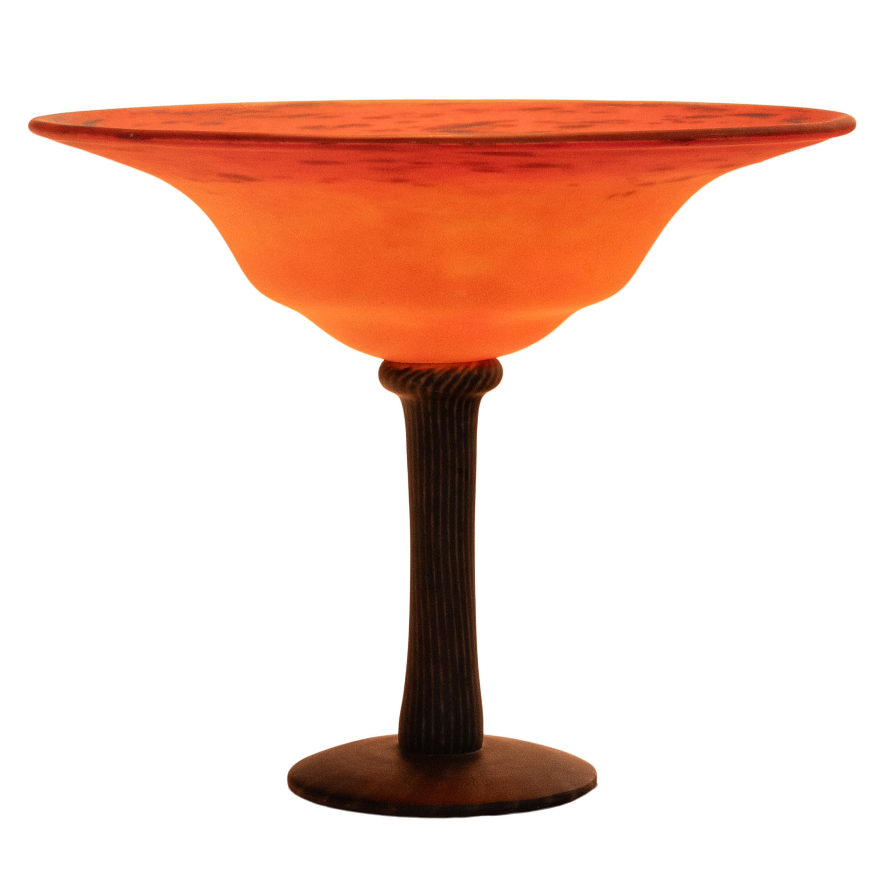 Francese Antique French Art Glass Art Deco Schneider Orange Glass Coupe Bowl 1920 in vendita