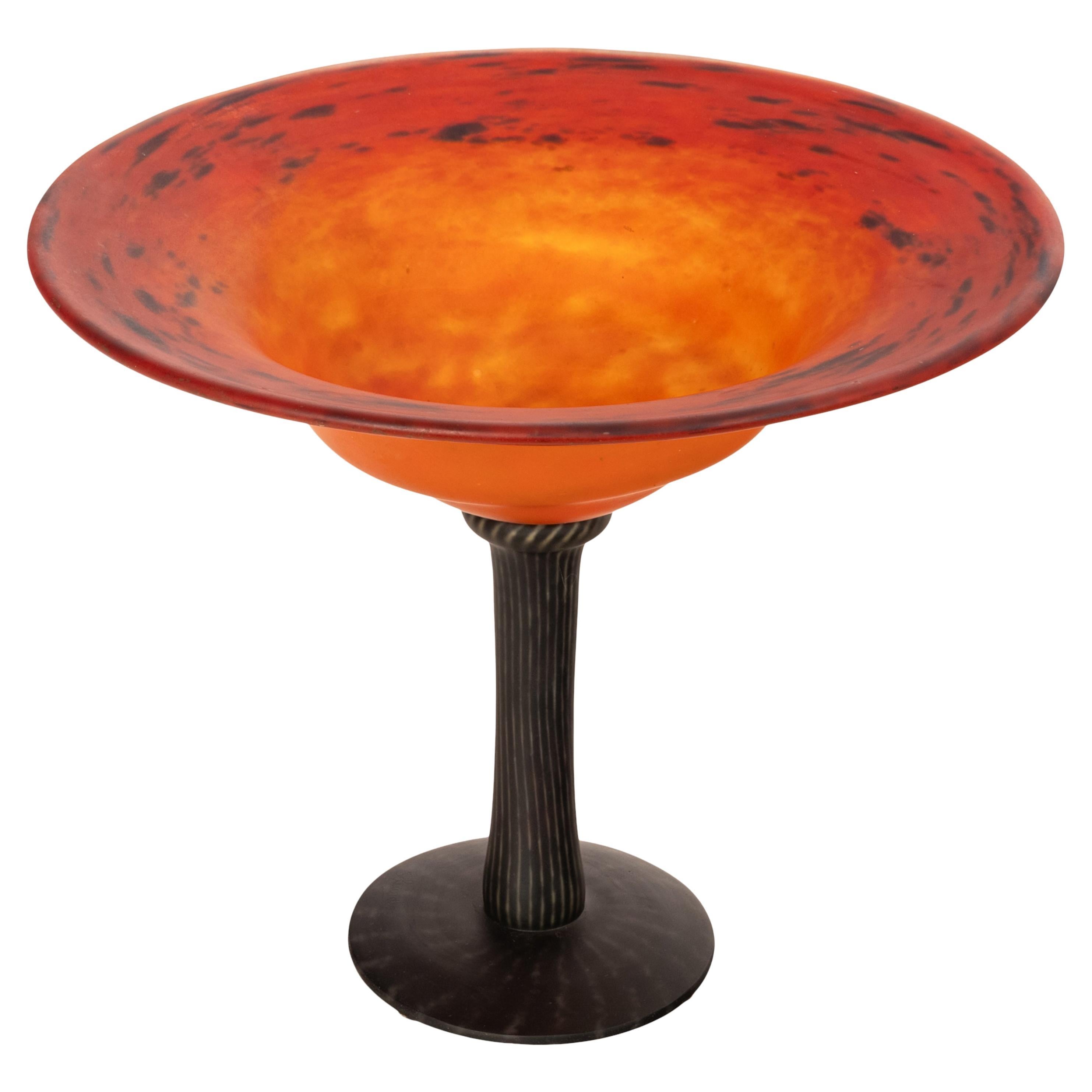 Antique French Art Glass Art Deco Schneider Orange Glass Coupe Bowl 1920