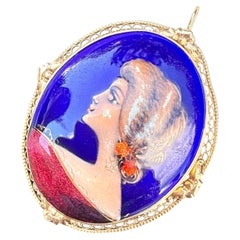 Antique French Art Nouveau 14K Gold Hand-Painted Enamel Portrait Pendant