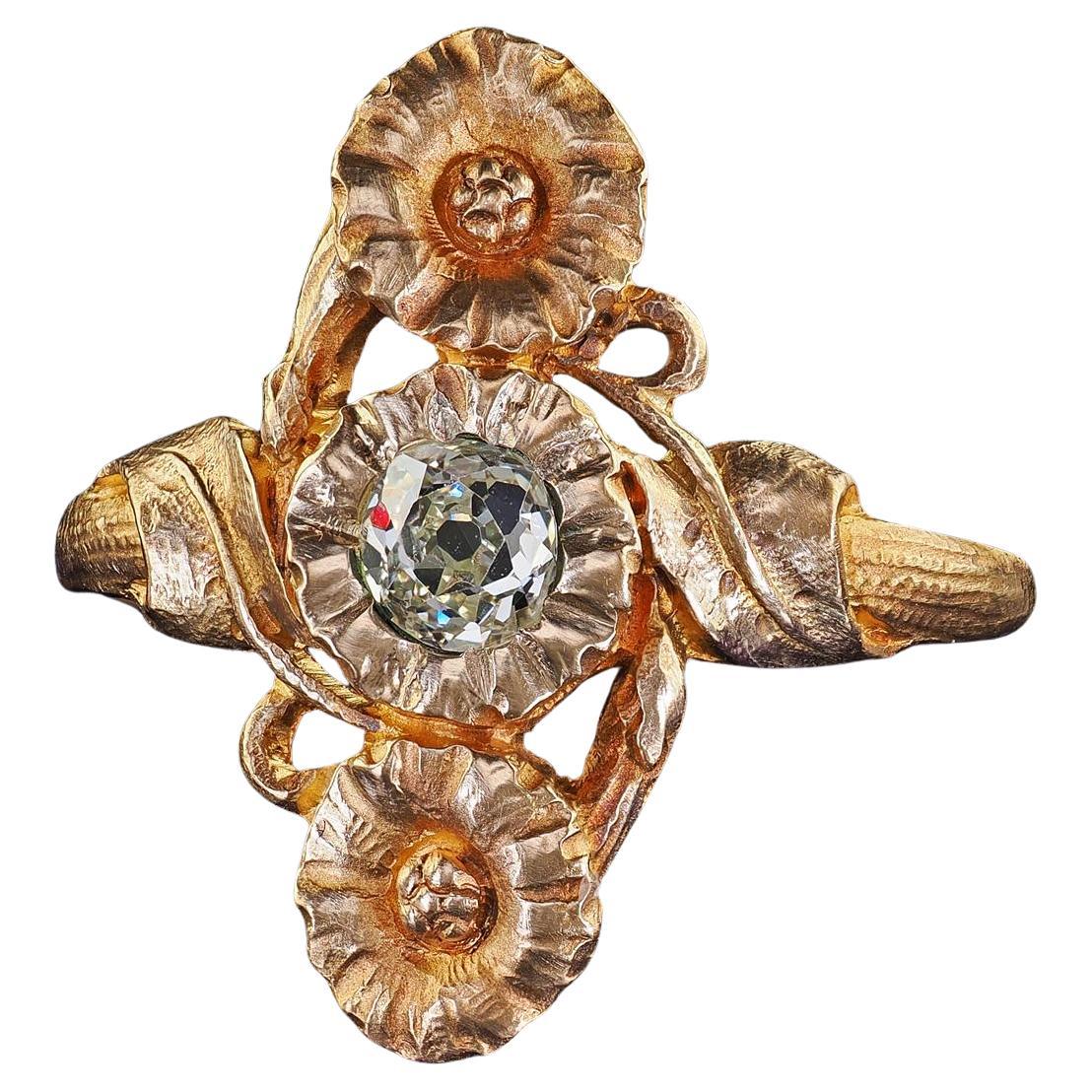 Antique French Art Nouveau Or jaune 18K Diamonds Mine Ancienne Bague florale