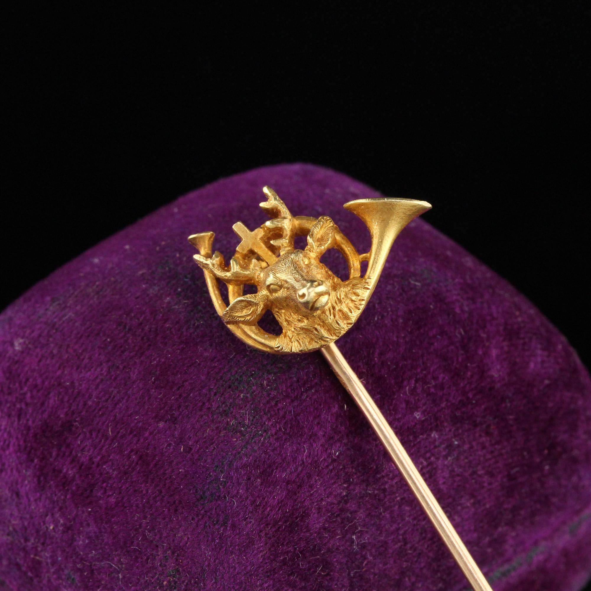 Beautiful French Art Nouveau stick pin made by Plisson Et Hartz. The stick pin is done in a rich 18K yellow gold. The deer has a cross above his head and a horn wrapping around his head.

Metal: 18K Yellow Gold 

Weight: 5.6 Grams

Measurements: