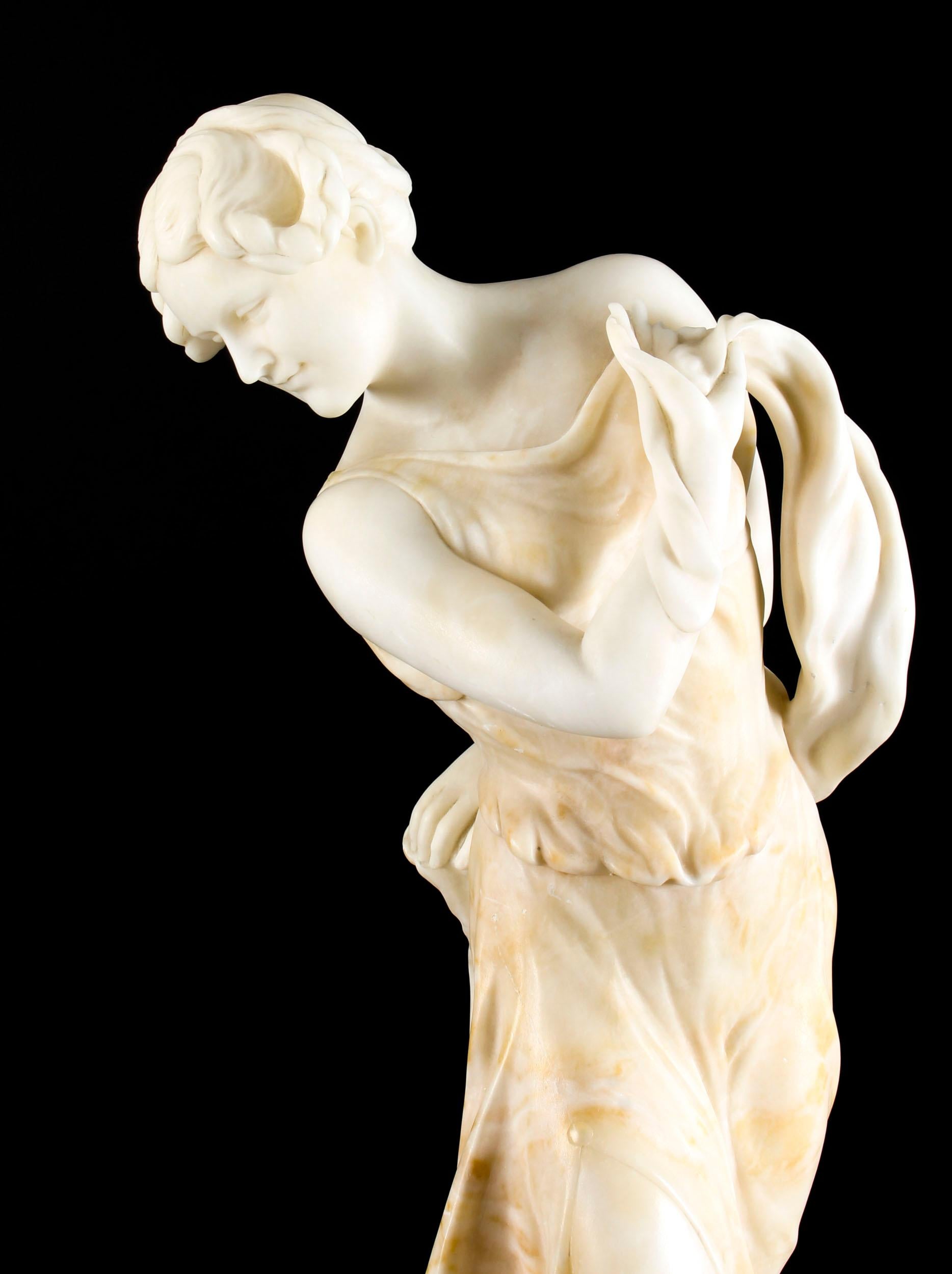 Late 19th Century French Art Nouveau Alabaster Sculpture Dancing Lady on Pedestal, 19th Century