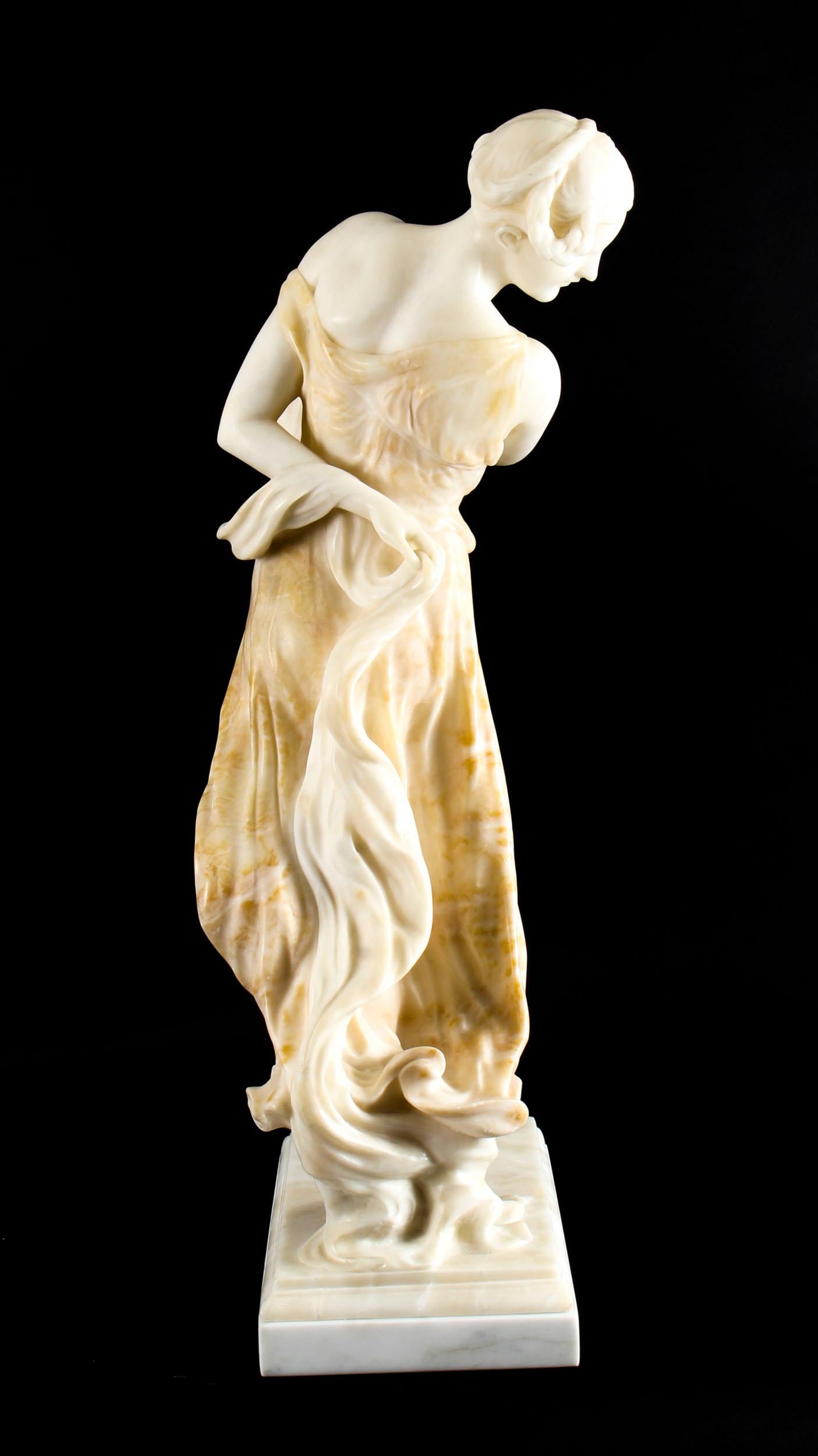 French Art Nouveau Alabaster Sculpture Dancing Lady on Pedestal, 19th Century 3