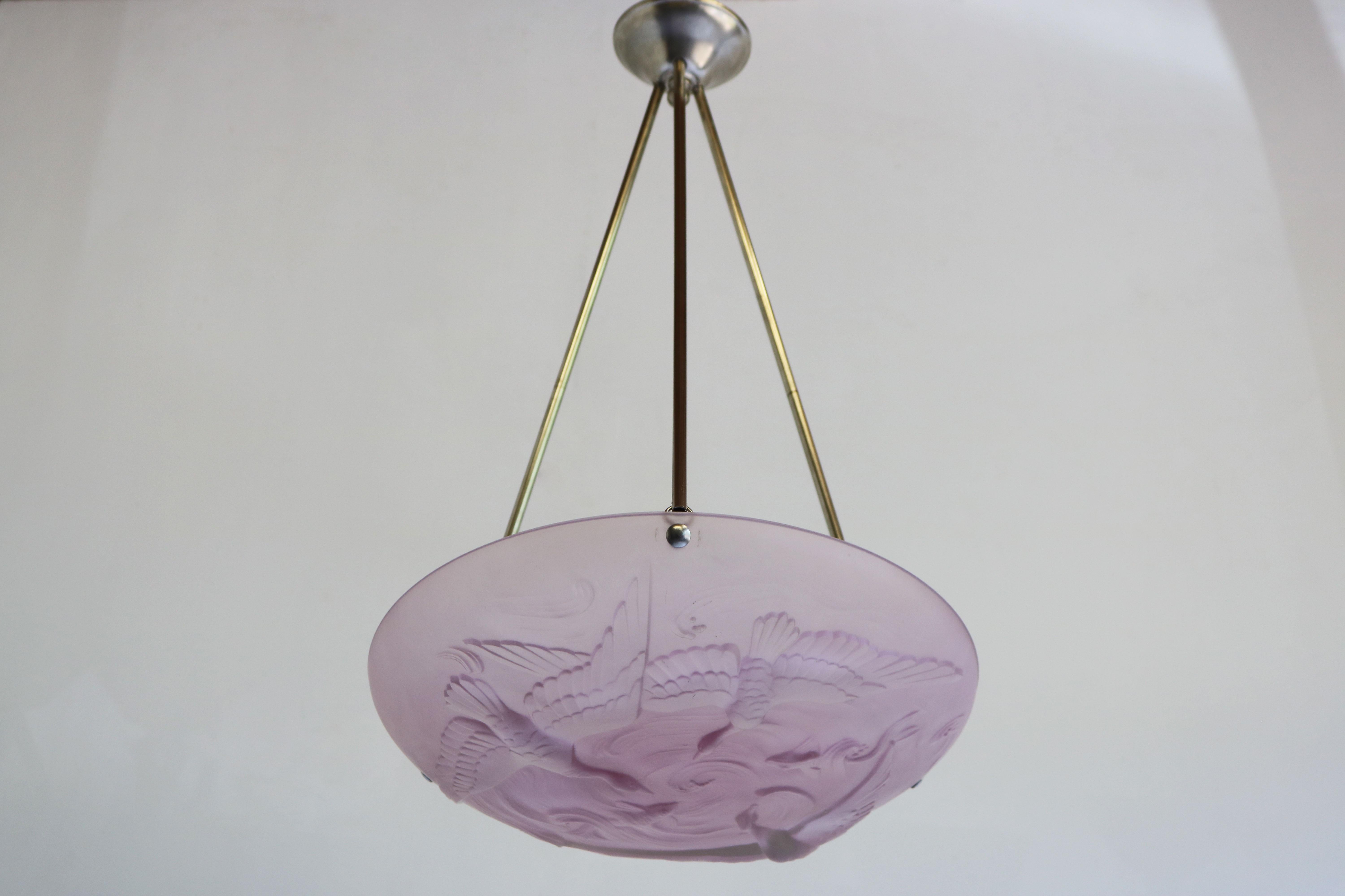 Antique French Art Nouveau / Art Deco Pendant Light by Verlys Flush Mount Pink 11