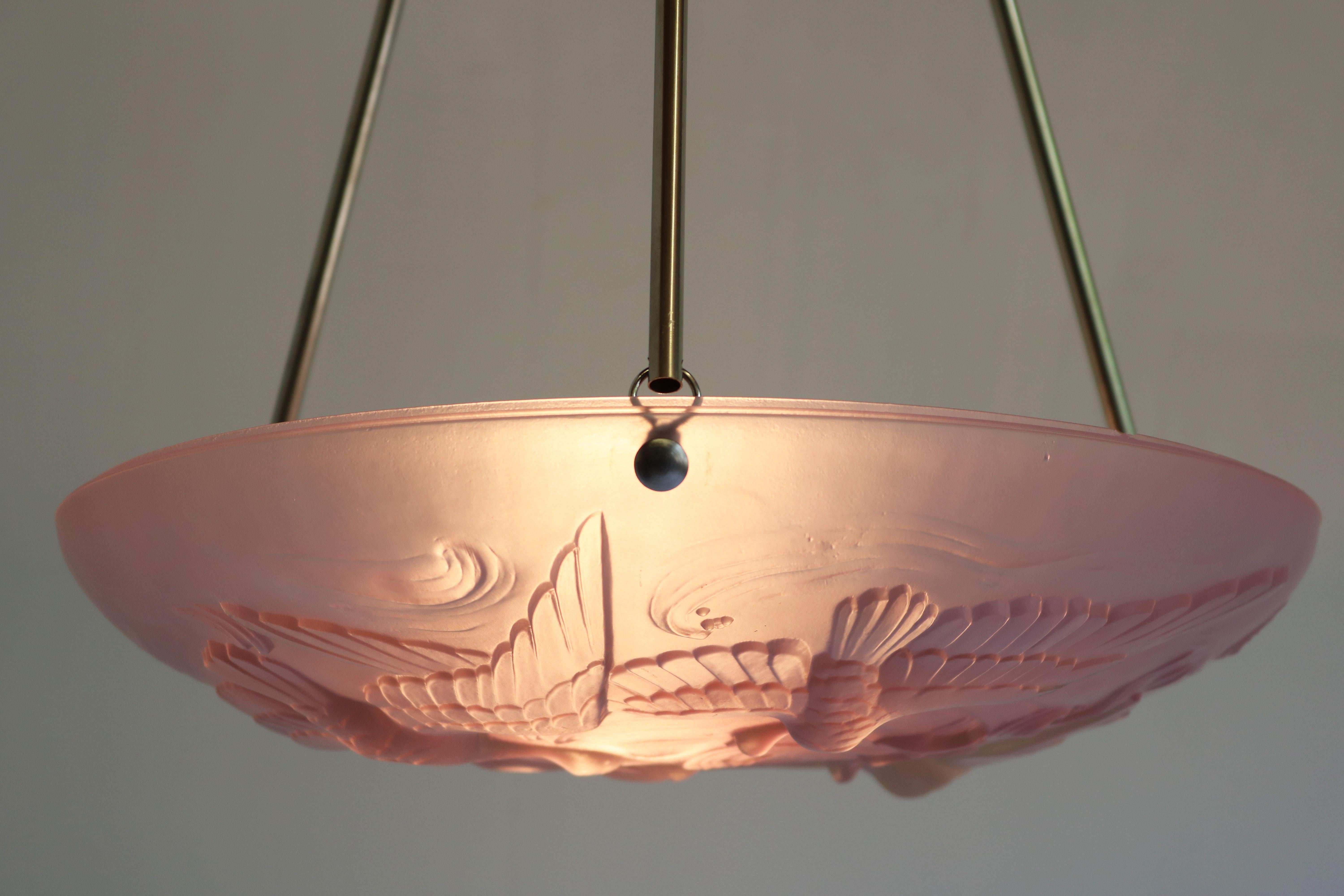 Hand-Crafted Antique French Art Nouveau / Art Deco Pendant Light by Verlys Flush Mount Pink