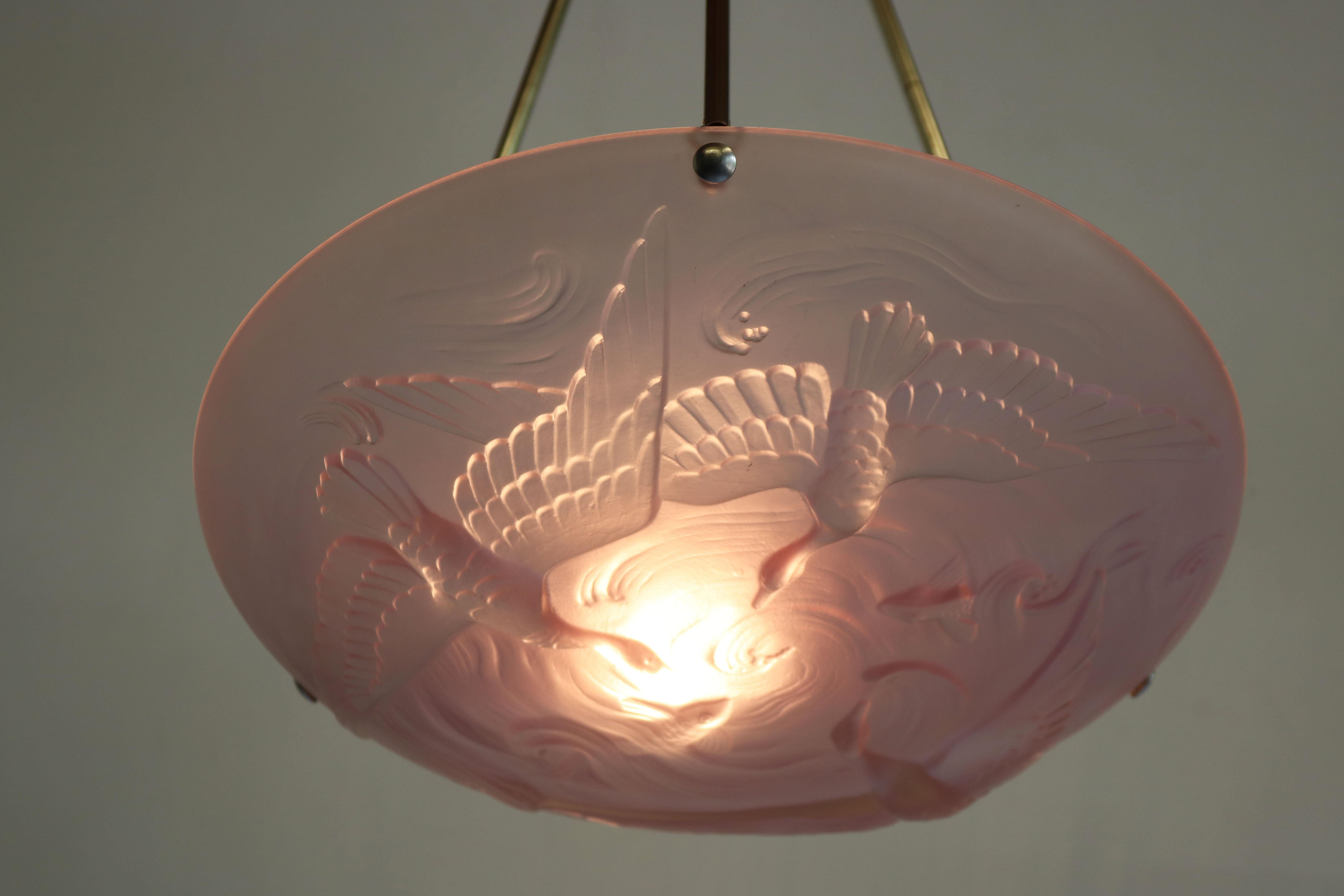 Antique French Art Nouveau / Art Deco Pendant Light by Verlys Flush Mount Pink In Good Condition In Ijzendijke, NL