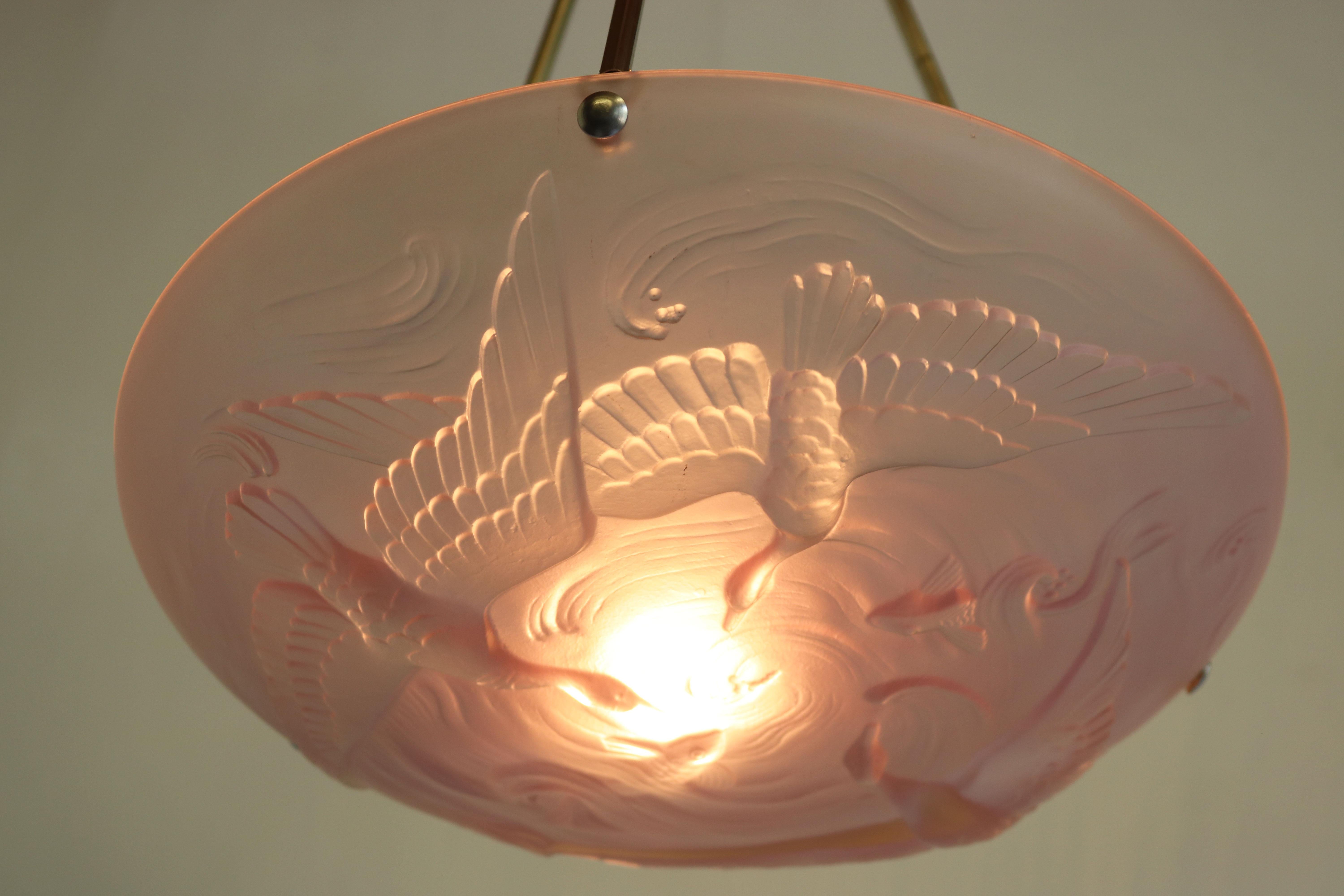 Mid-20th Century Antique French Art Nouveau / Art Deco Pendant Light by Verlys Flush Mount Pink