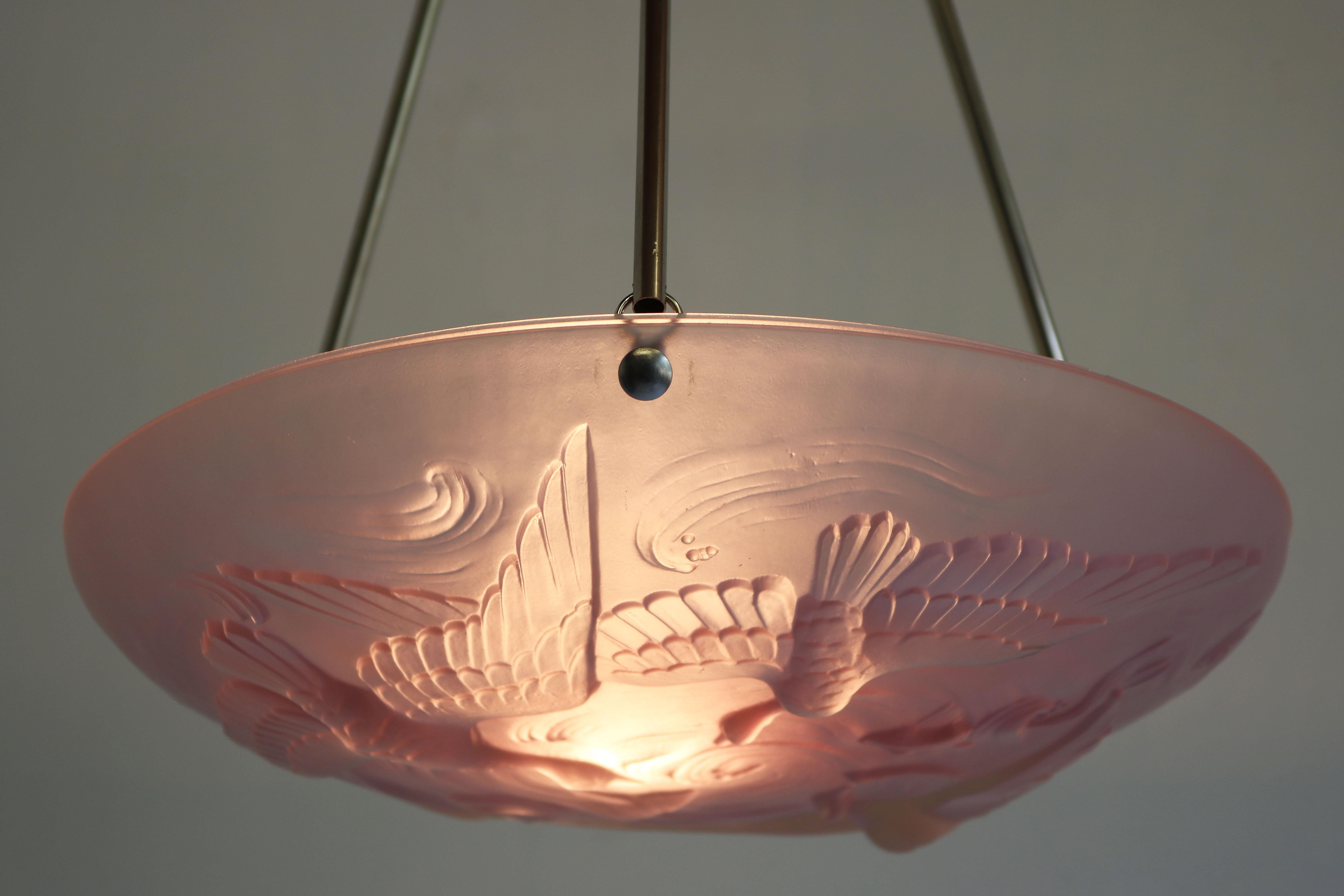Antique French Art Nouveau / Art Deco Pendant Light by Verlys Flush Mount Pink 2