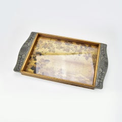 Antique French Art Nouveau Bar Serving Tray Wood & Repoussed Pewter Nancy