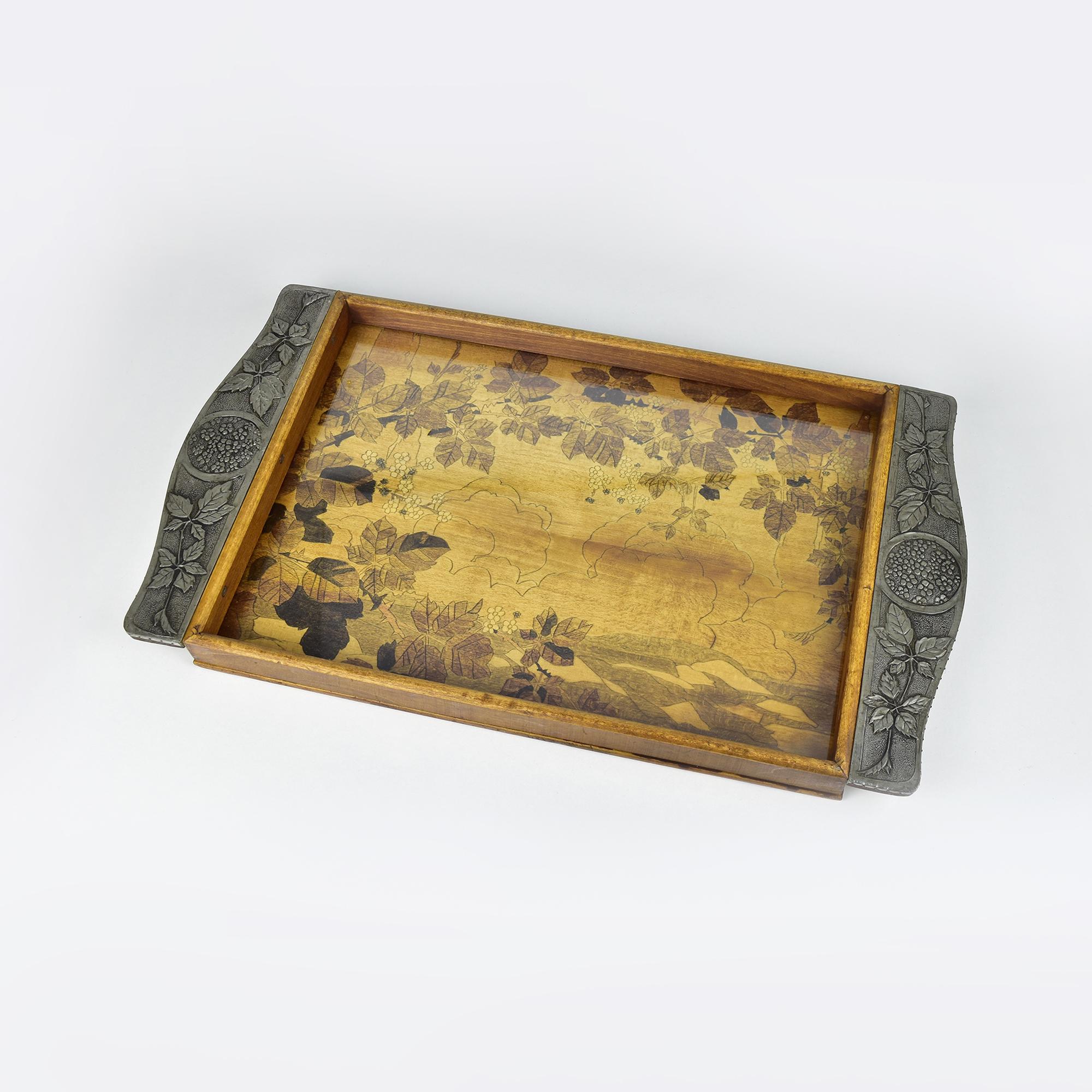 Arts and Crafts Antique French Art Nouveau Bar Serving Tray Wood & Repoussed Pewter Nancy in vendita