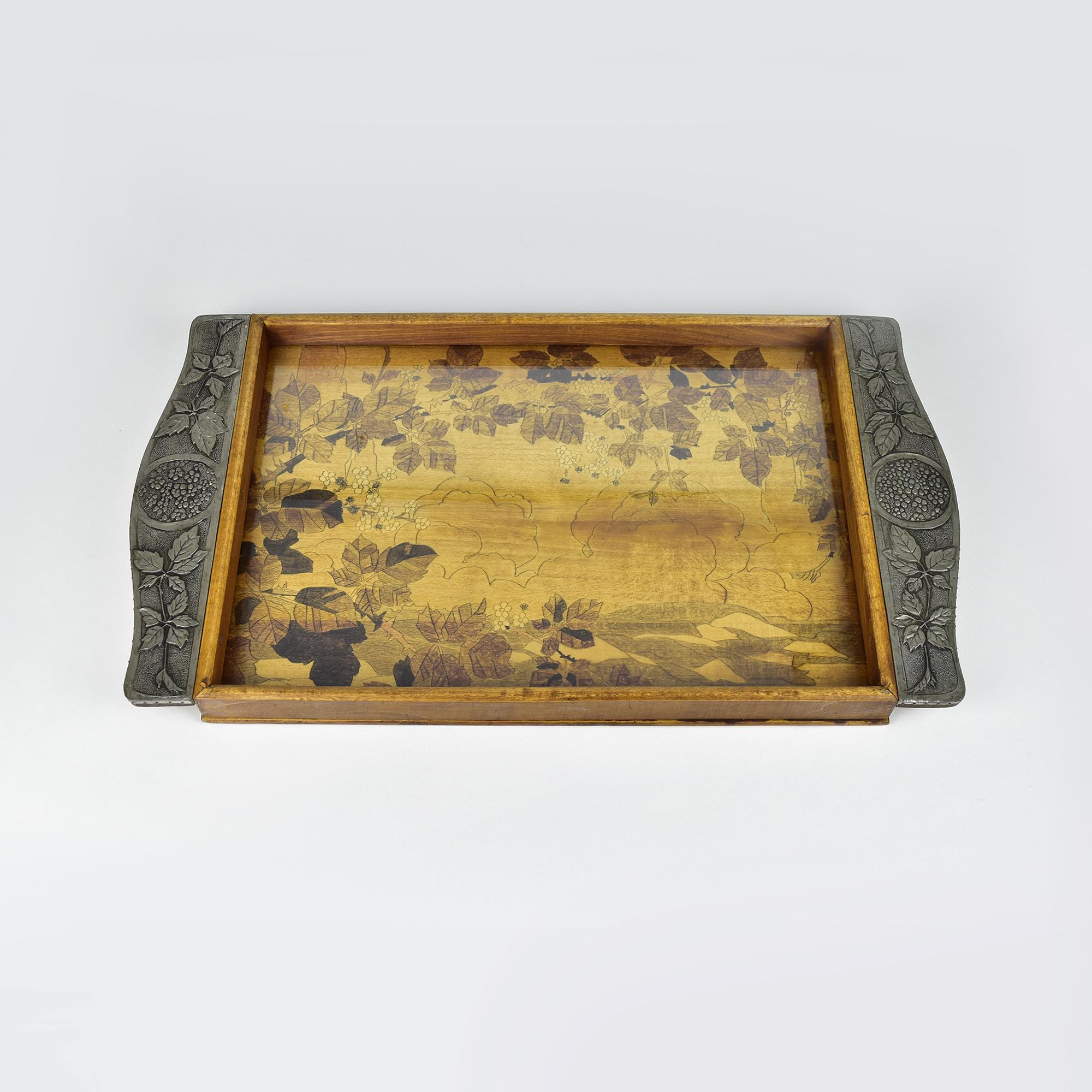 Francese Antique French Art Nouveau Bar Serving Tray Wood & Repoussed Pewter Nancy in vendita