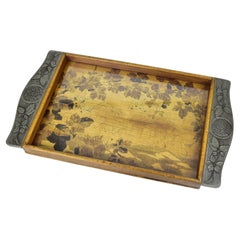 Antique French Art Nouveau Bar Serving Tray Wood & Repoussed Pewter Nancy
